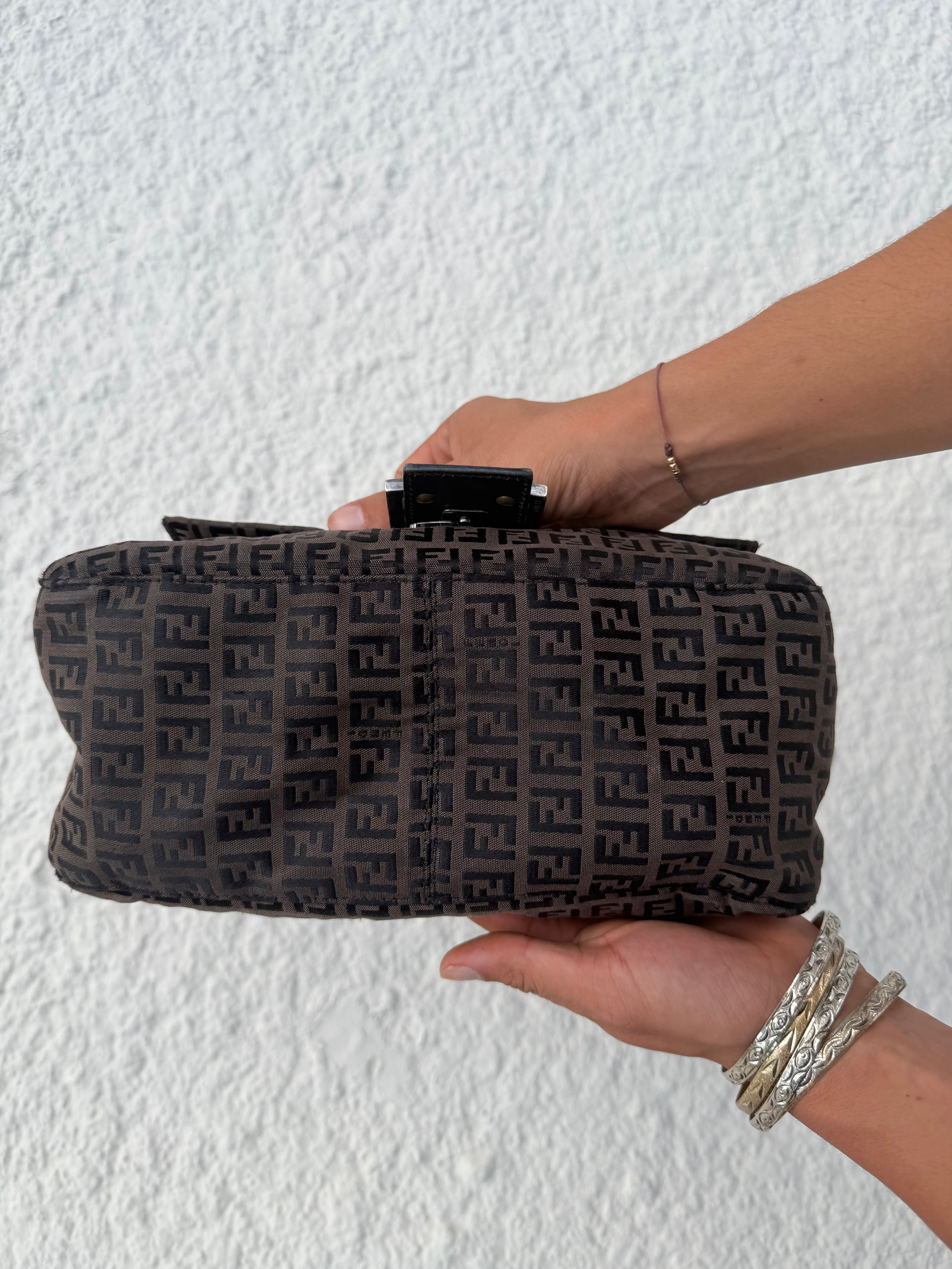 Fendi Mamma Baguette / Large Zucca Canvas Shoulder Bag — Brown & Black / Silver Hardware