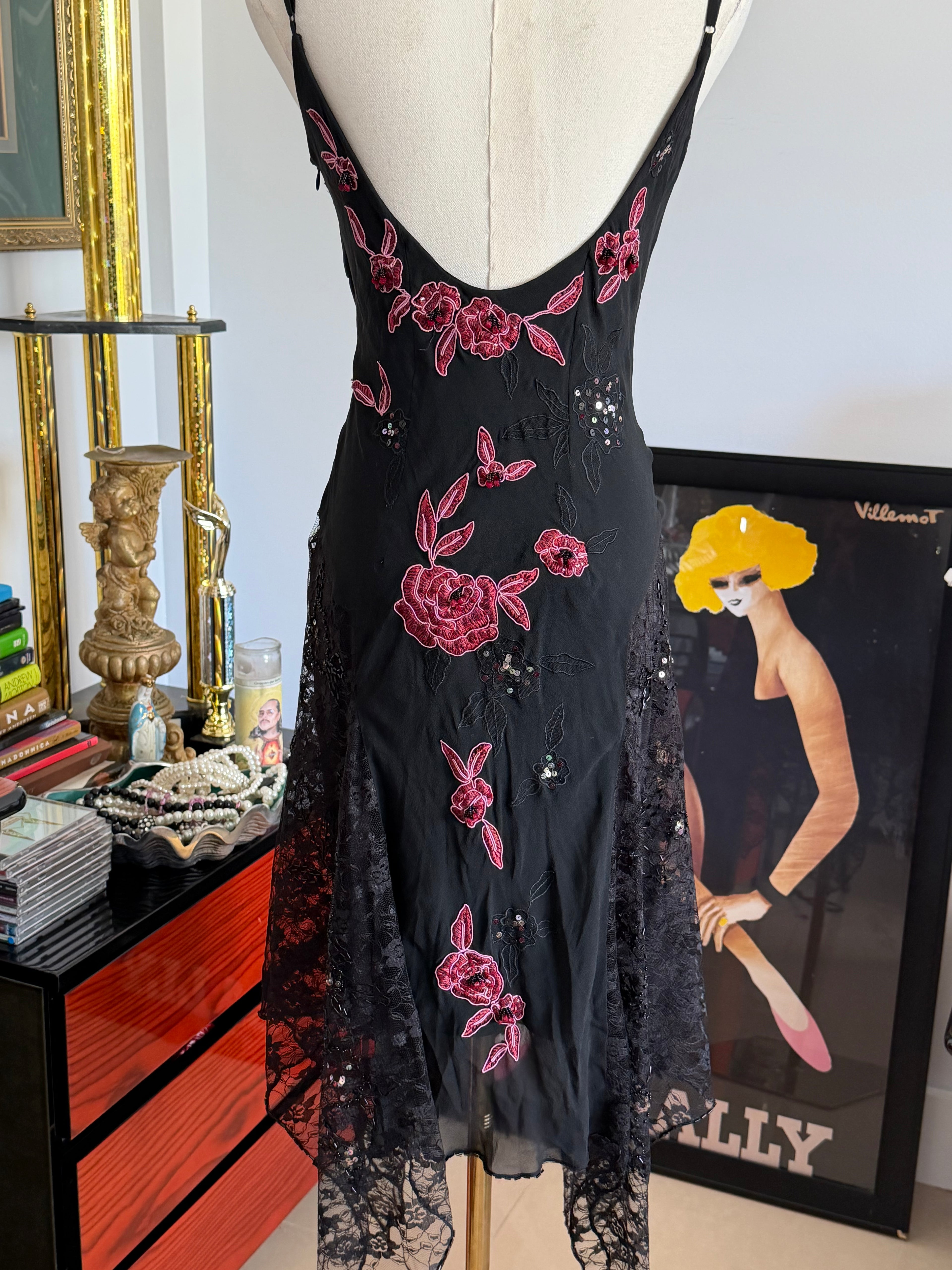 Vintage Sue Wong  Black Silk Rose Embroidered Handkerchief Dress-6