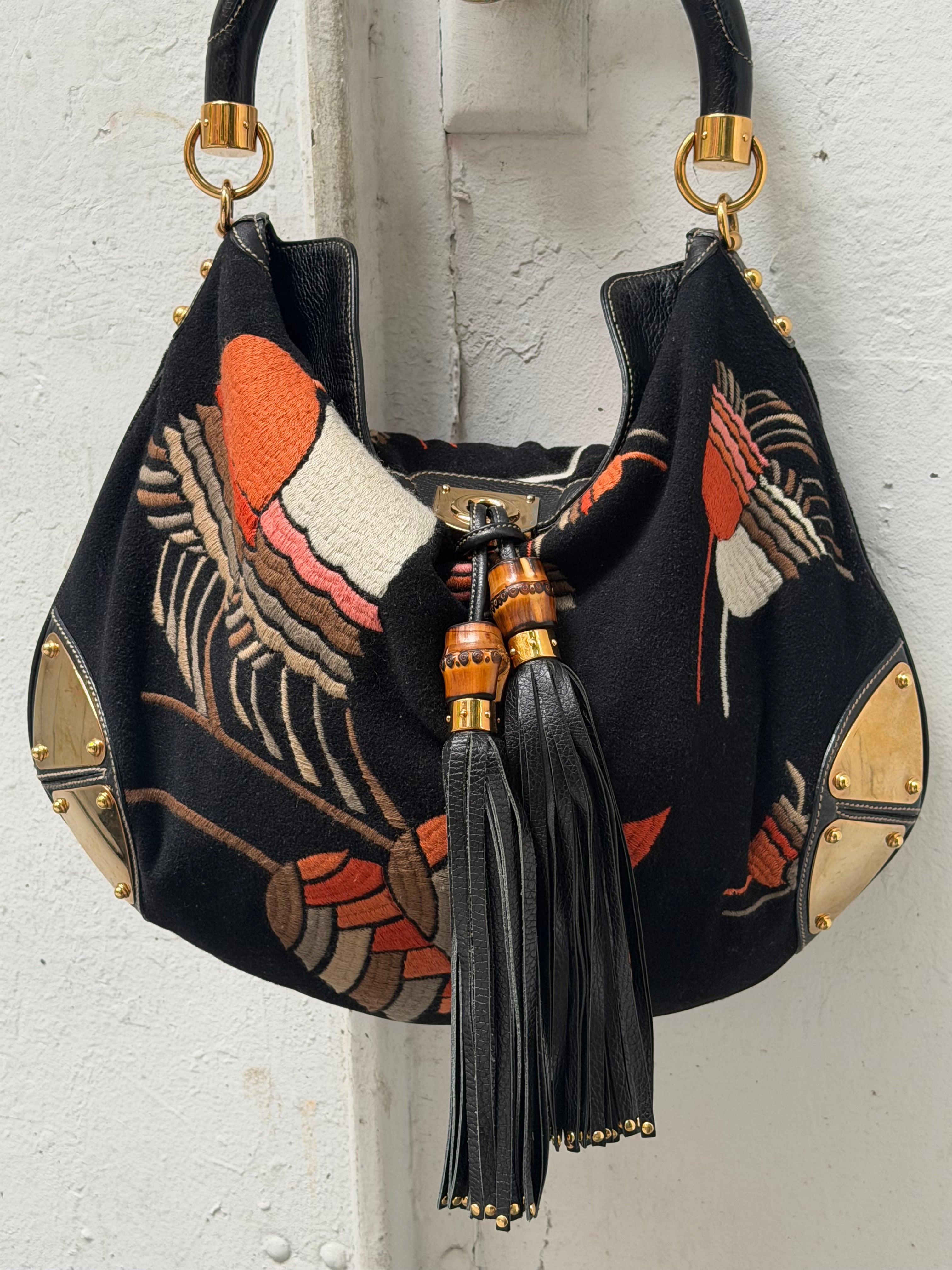 Gucci Fall/Winter Embroidered Velvet Large Indy Hobo Bag