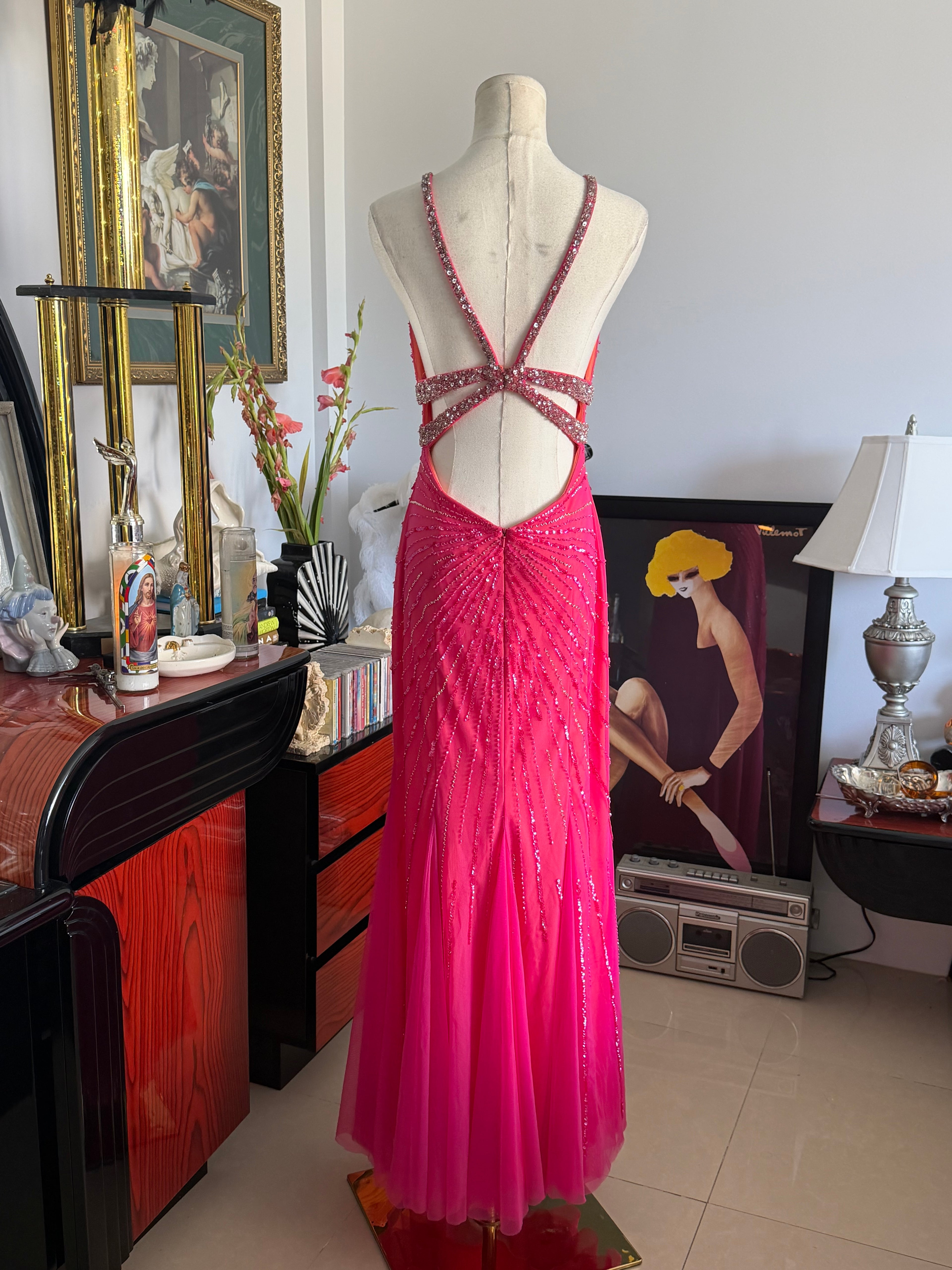 Cecily Brown Hot Pink Beaded Rhinestone Open Back Evening Gown