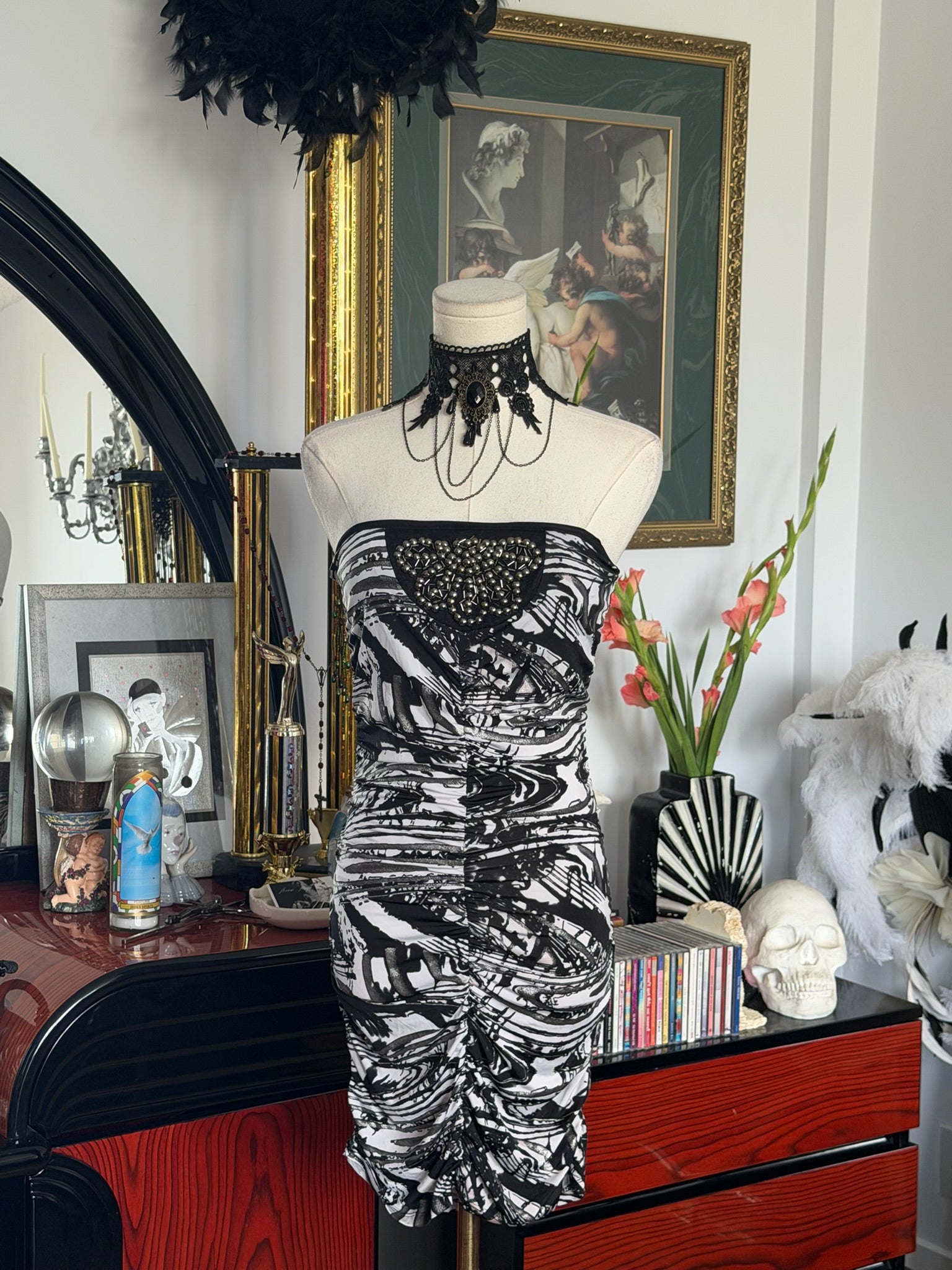 Abstract Strapless Ruched Mini Dress Xs-S