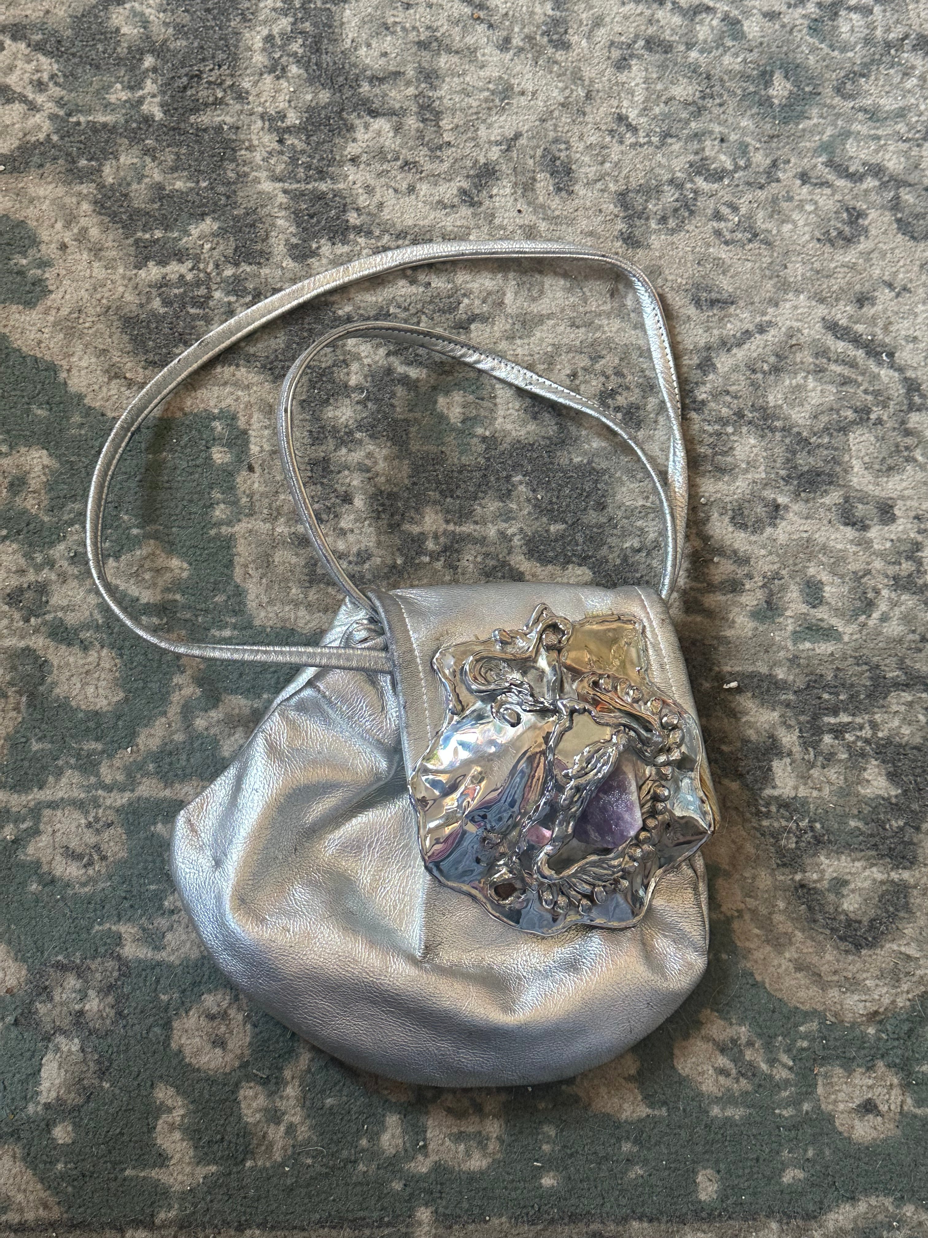 Vintage Metallic Silver Shoulder Bag with Sculptural Amethyst Accent