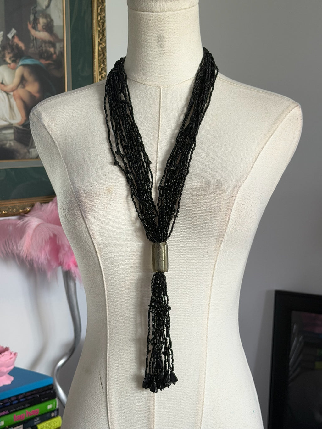 Black Multi-Strand Beaded Tassel Necklace