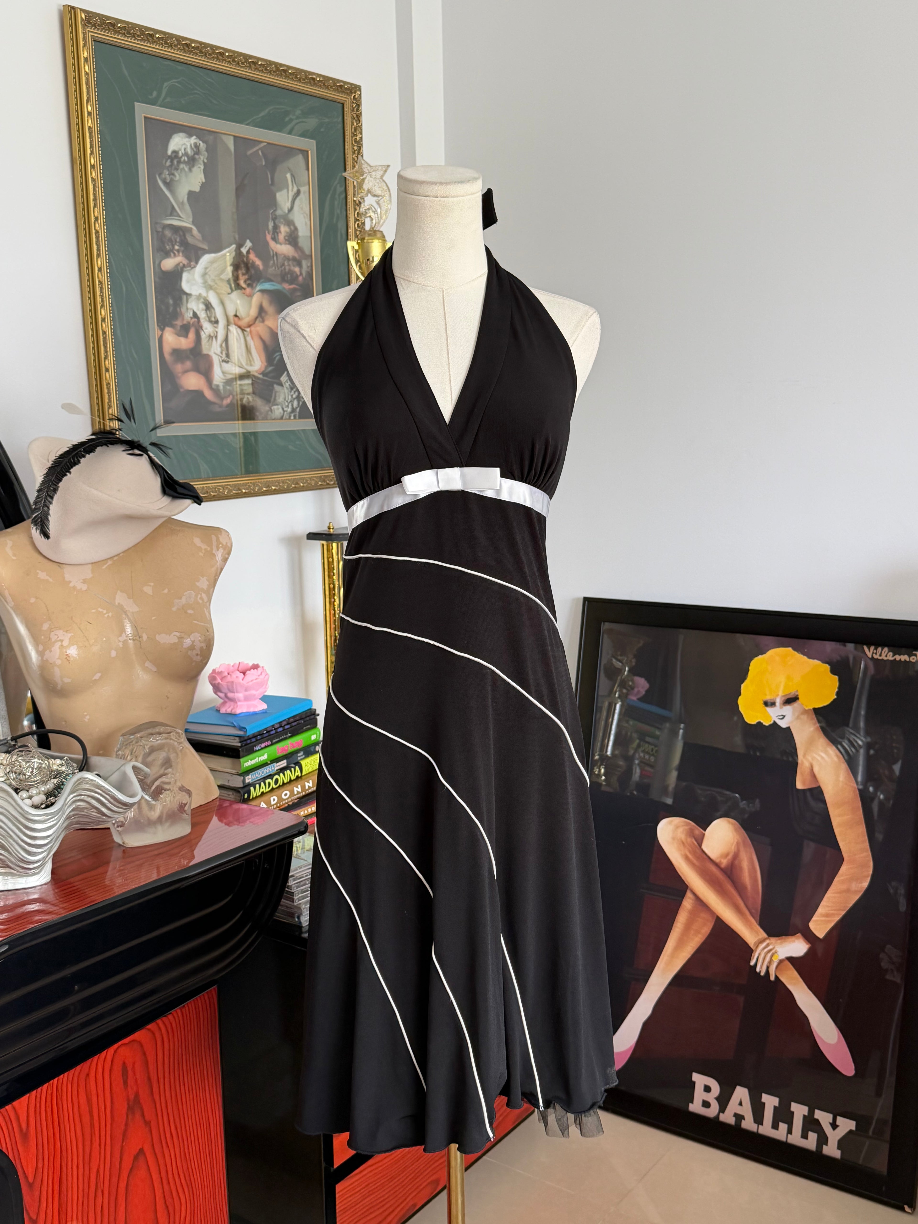 Vintage Rampage Black Halter Dress with White Ribbon Detail