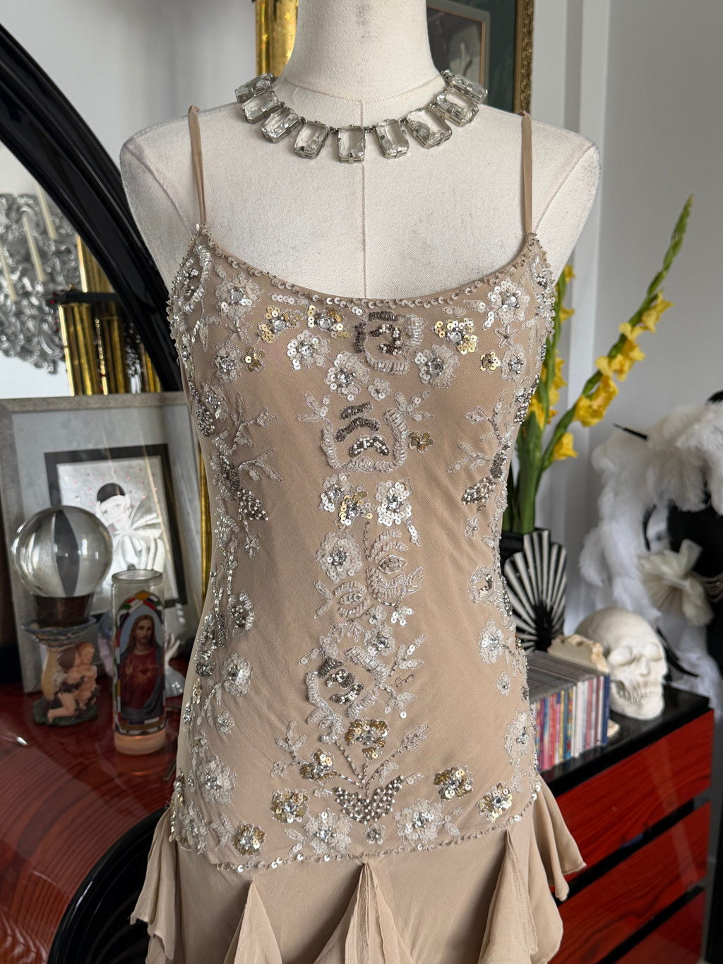 Sue Wong 100% Silk Hand Beaded Champagne Ruffle Dress