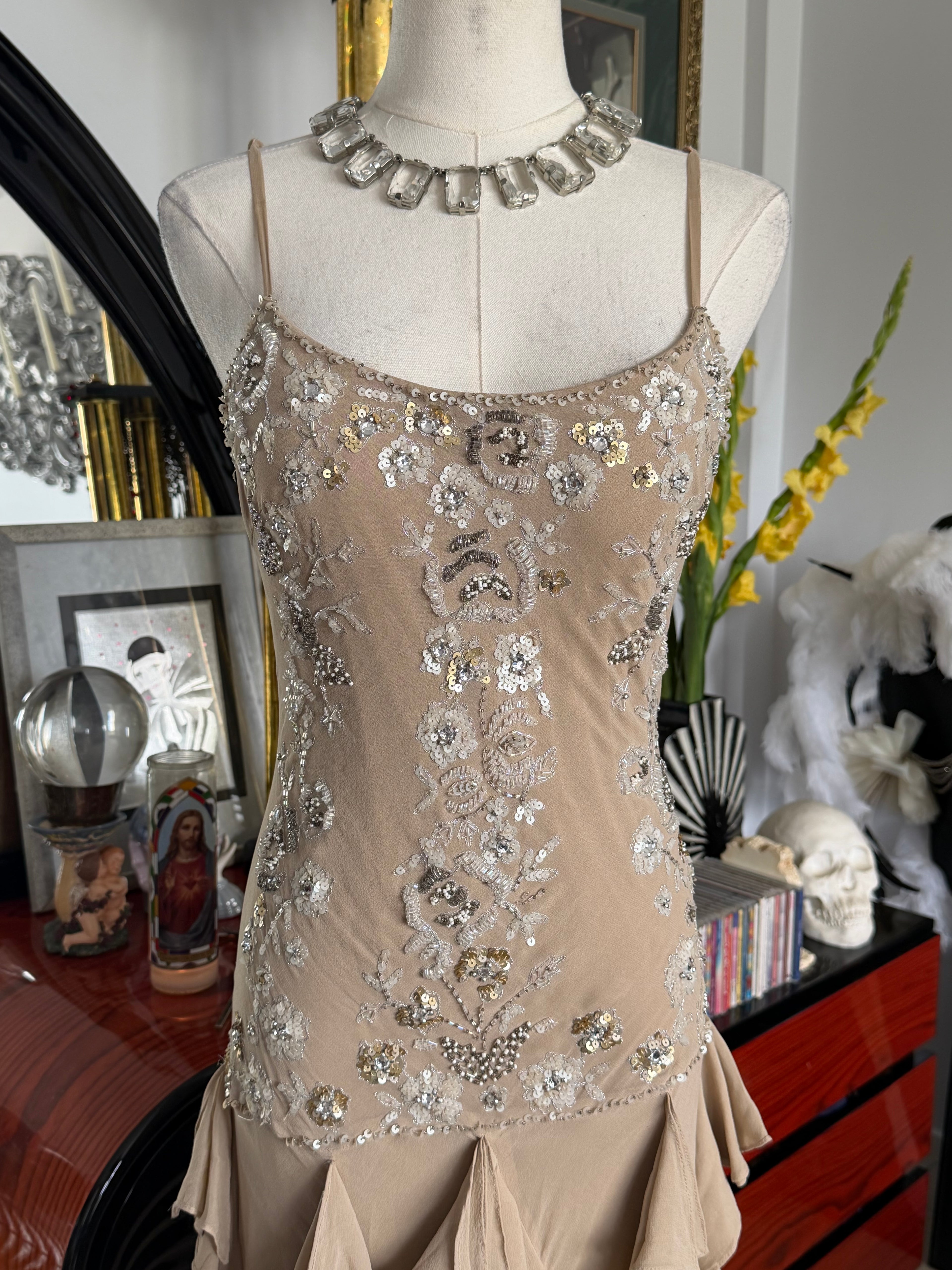 Sue Wong 100% Silk Hand Beaded Champagne Ruffle Dress