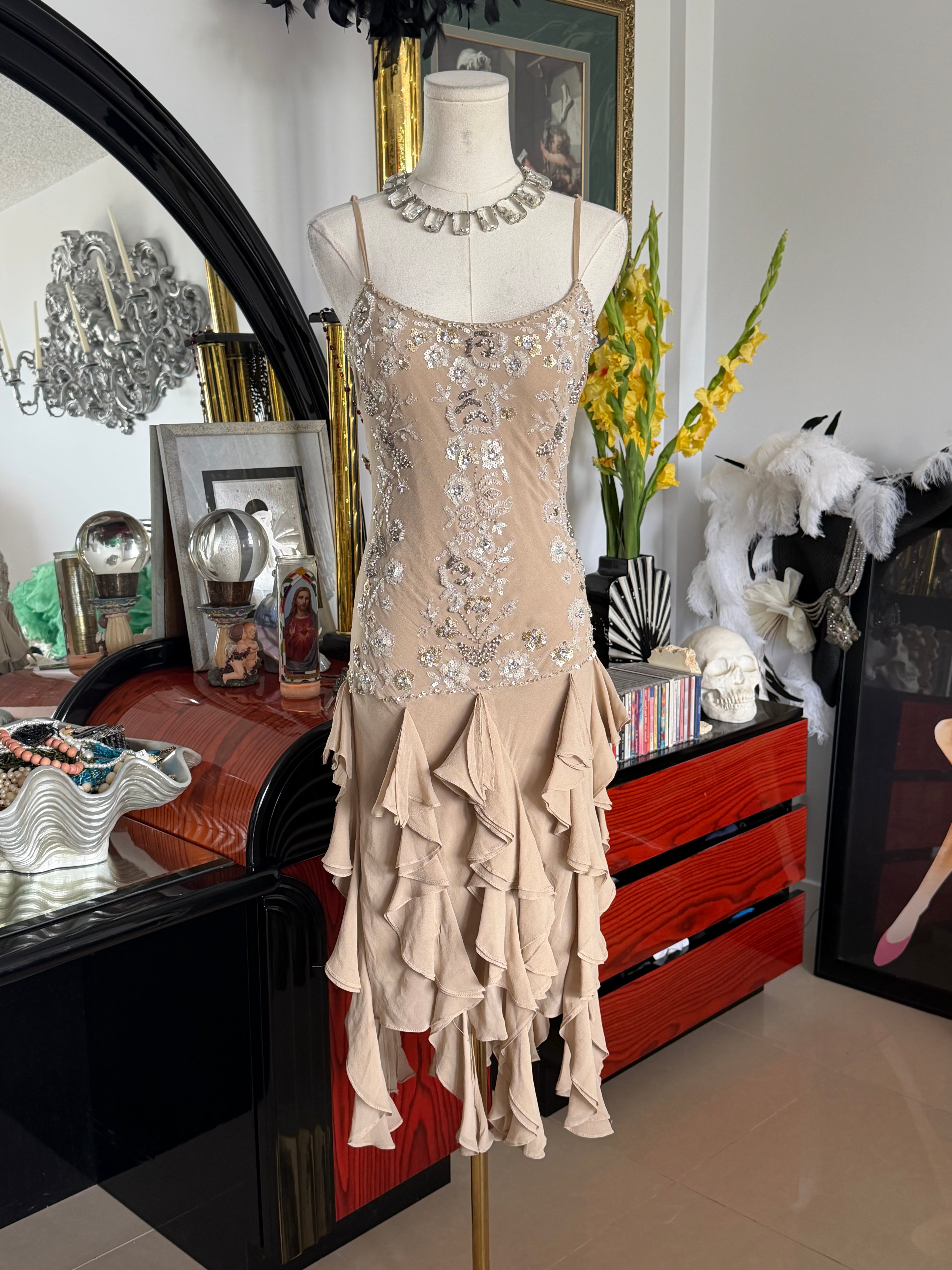 Sue Wong 100% Silk Hand Beaded Champagne Ruffle Dress