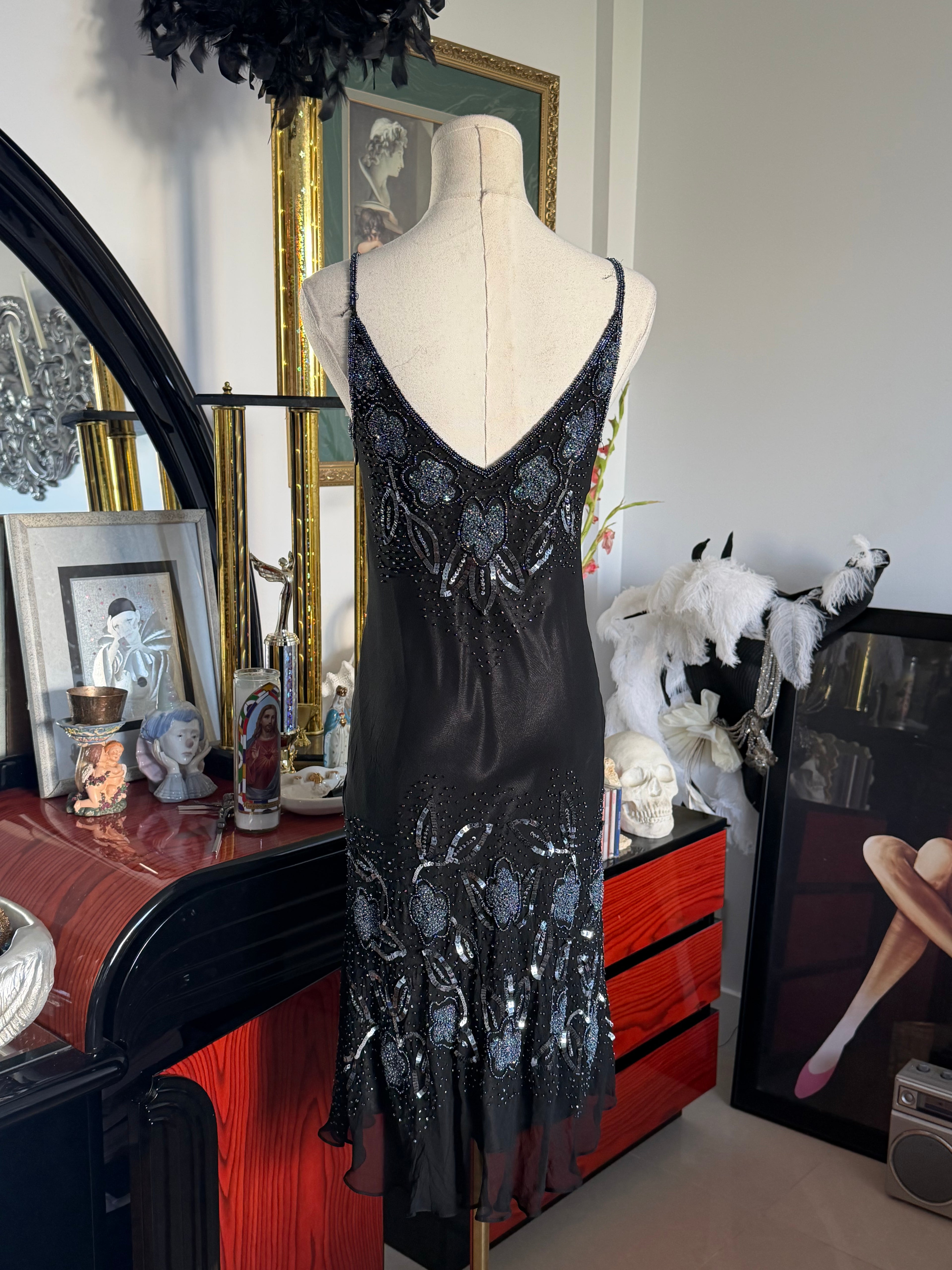 Papell Boutique Black Silk Beaded Floral Evening Dress — Size 4