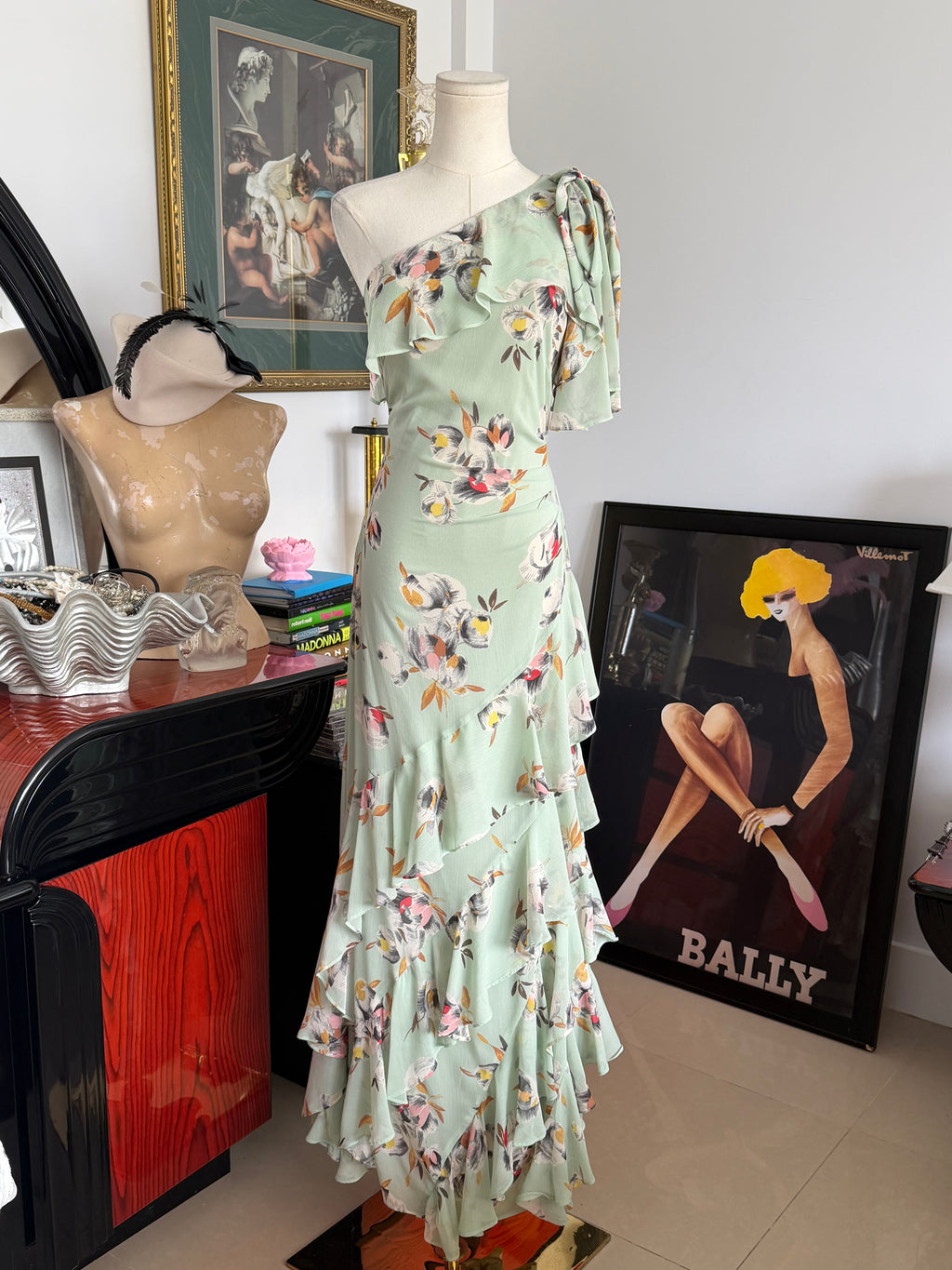 Lauren Ralph Lauren Mint Floral One Shoulder Ruffle Maxi Dress