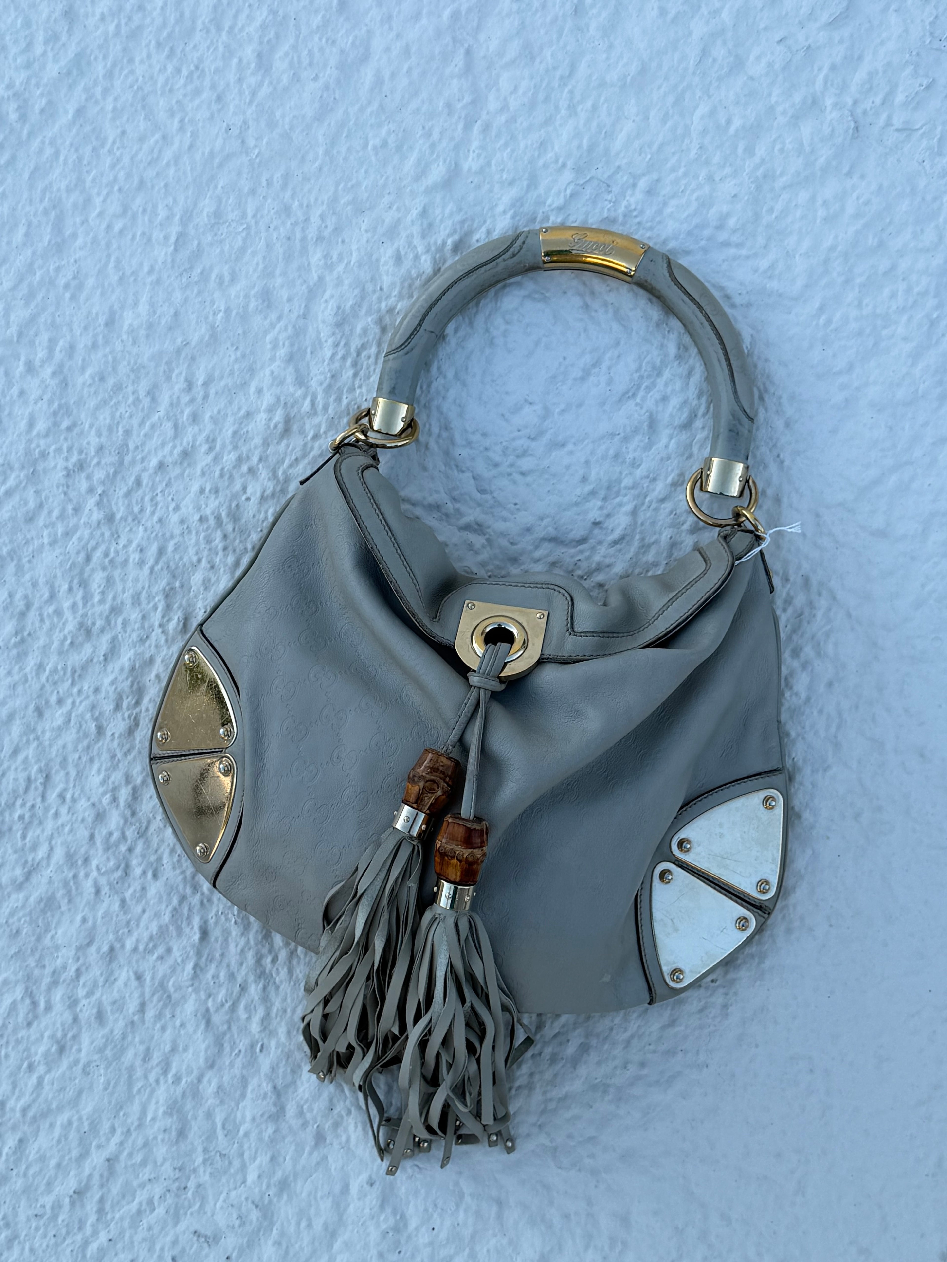 Gucci Indy Medium Hobo – Light Grey Guccissima Leather – Bamboo Tassels – Gold Hardware