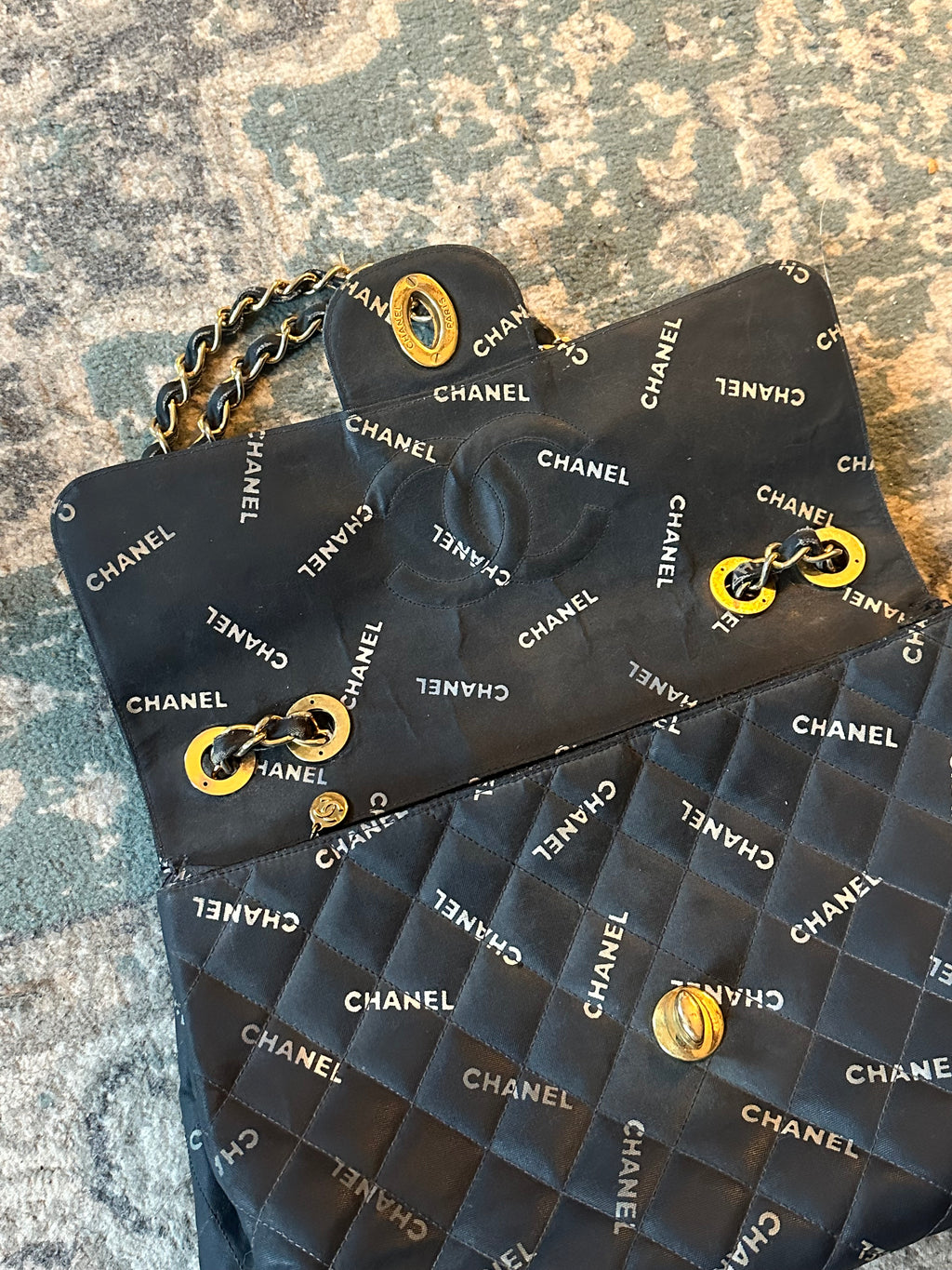 Chanel Black Quilted Canvas Logo Print Maxi XL Flap Bag