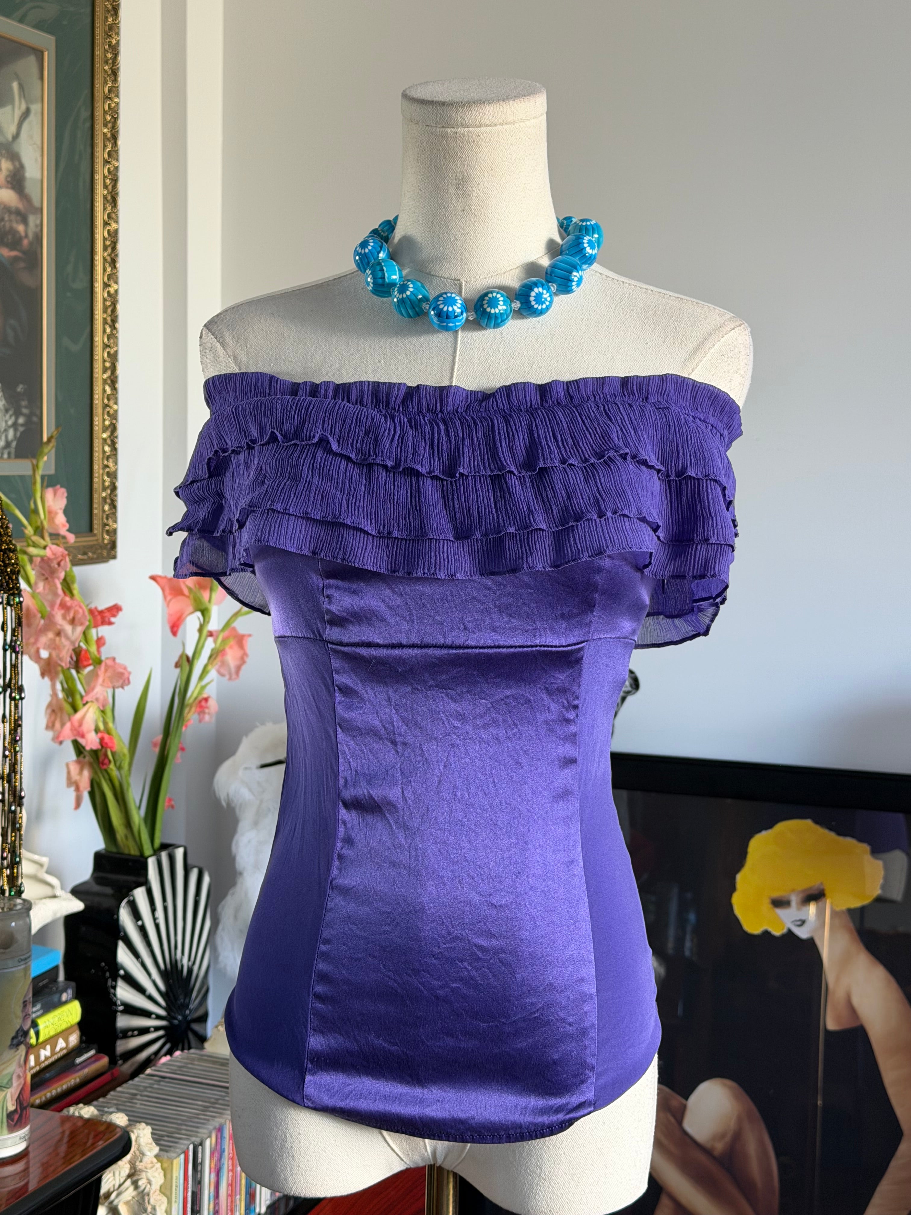 Vintage Marciano Purple Satin Ruffle Off Shoulder Top
