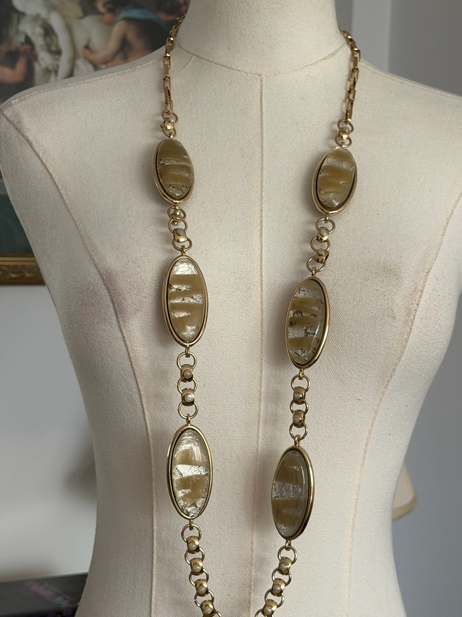Vintage Gold Oval Stone Link Necklace