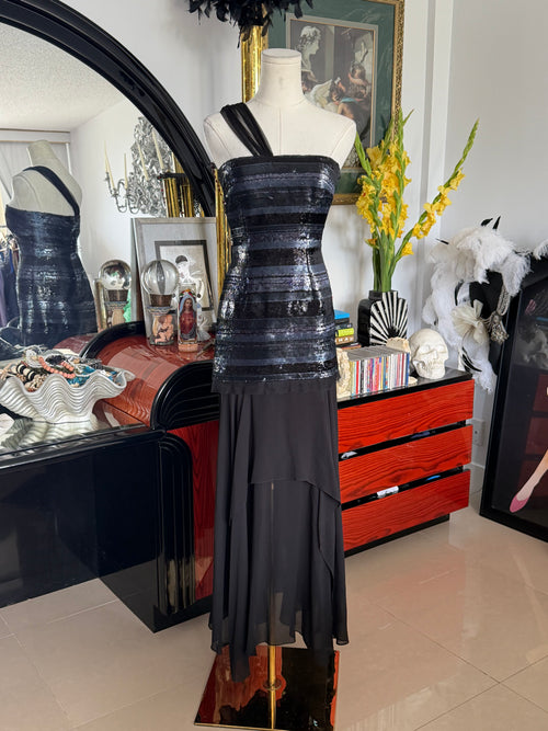 BCBG Max Azria Black Sequin One-Shoulder Evening Gown