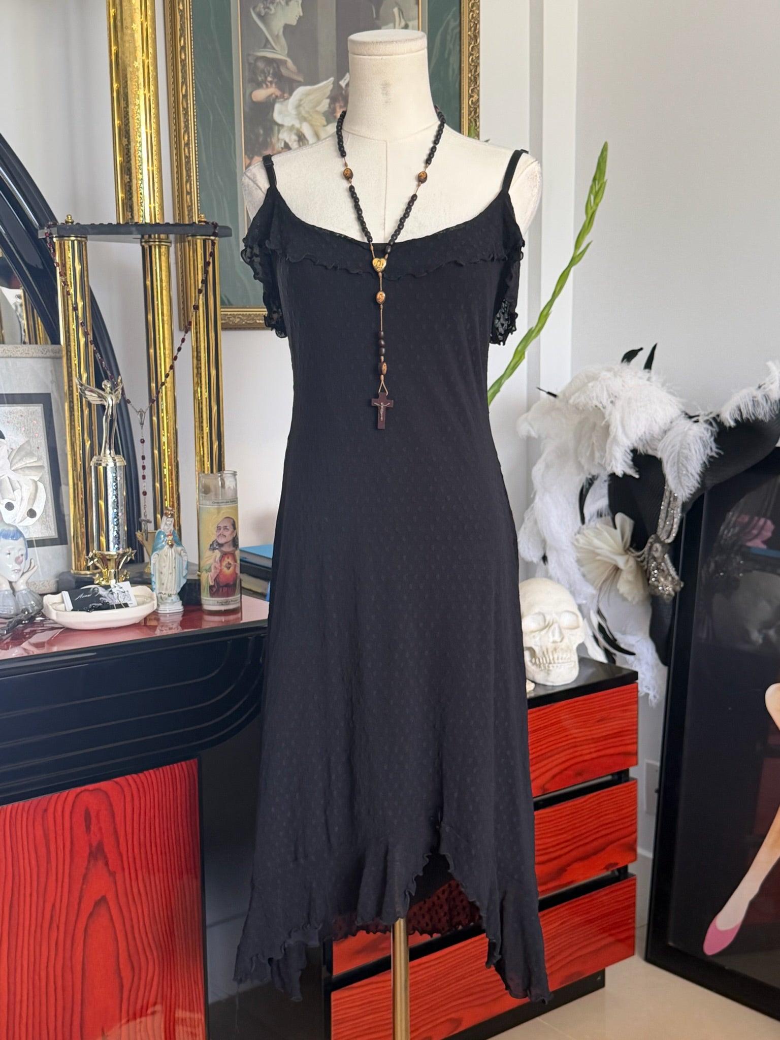 Vintage Betsey Johnson New York Black Asymmetrical Ruffle Midi Dress
