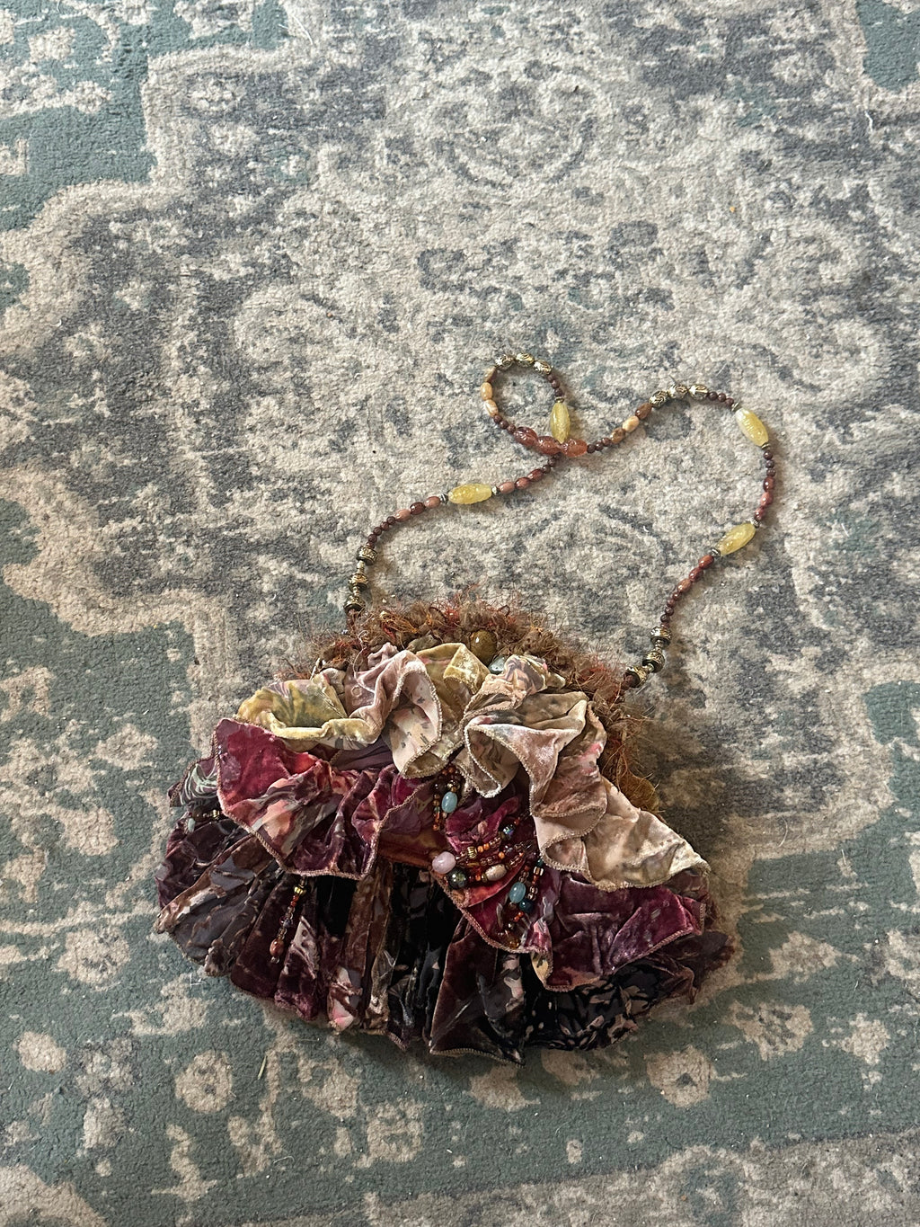 Mary Frances Vintage Beaded Velvet Ruffle Shoulder Bag