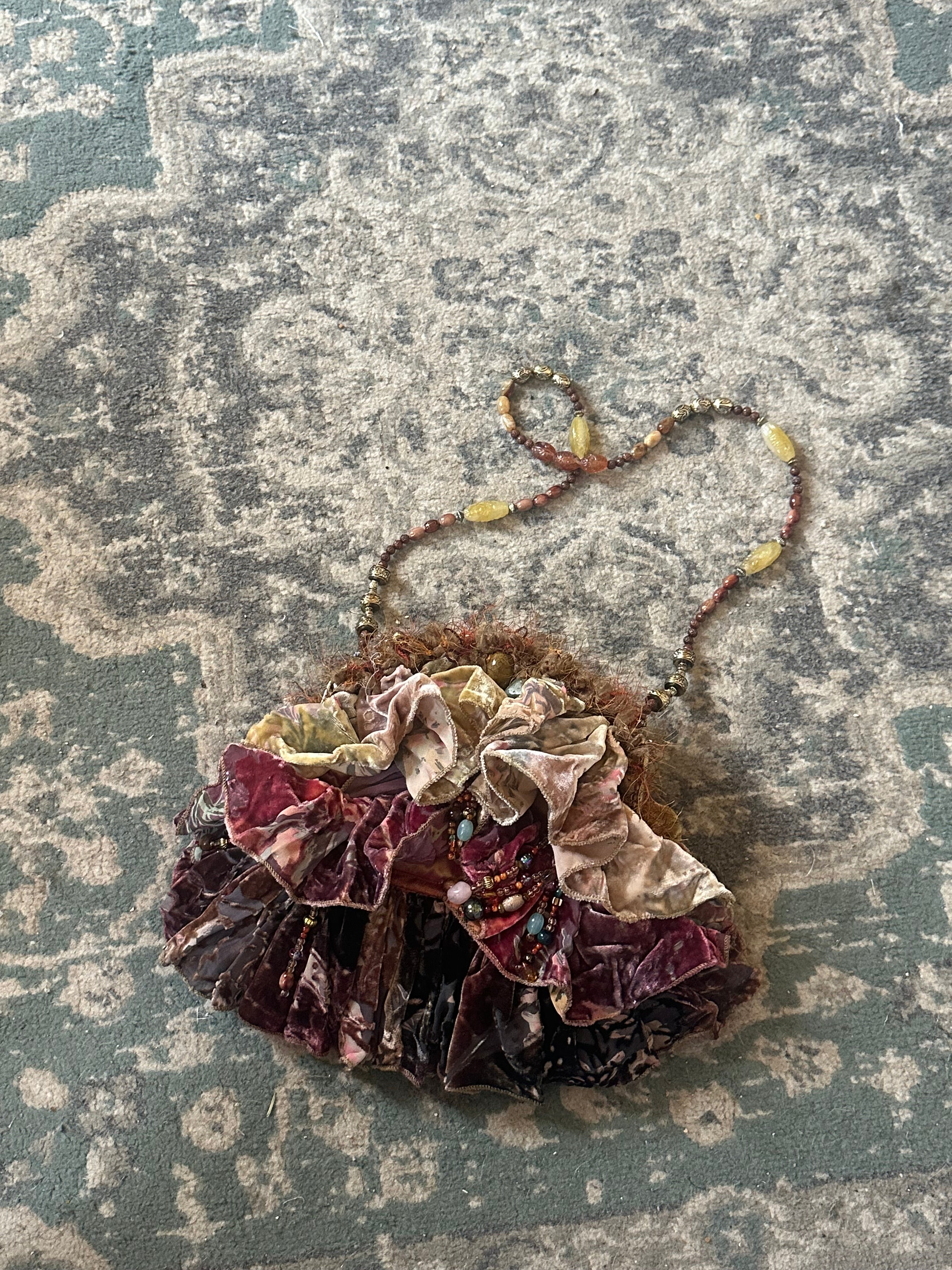 Mary Frances Vintage Beaded Velvet Ruffle Shoulder Bag