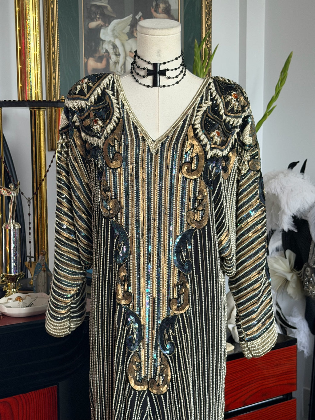 Vintage Fully Beaded Art Deco Evening Gown