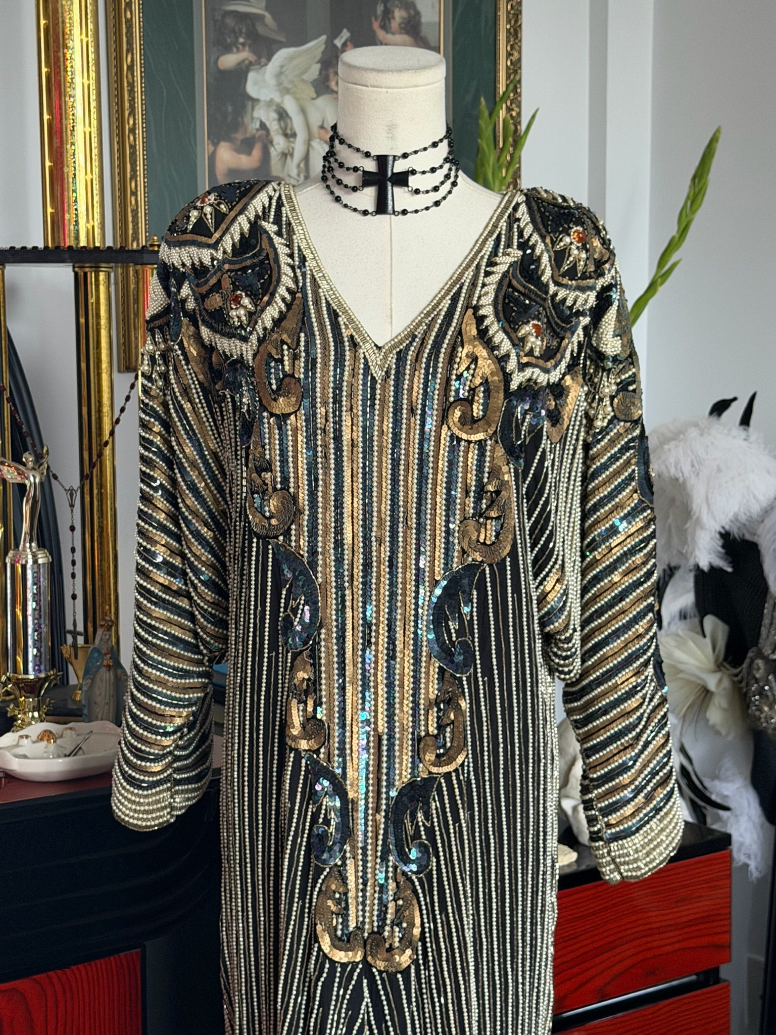 Vintage Fully Beaded Art Deco Evening Gown