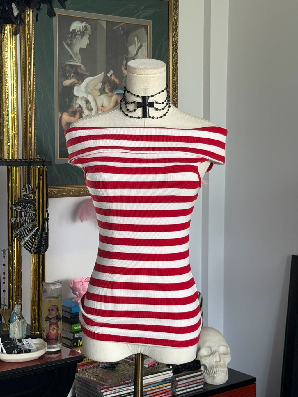 Banana Republic Red & White Off-the-Shoulder Knit Top | French Riviera Stripe | XS