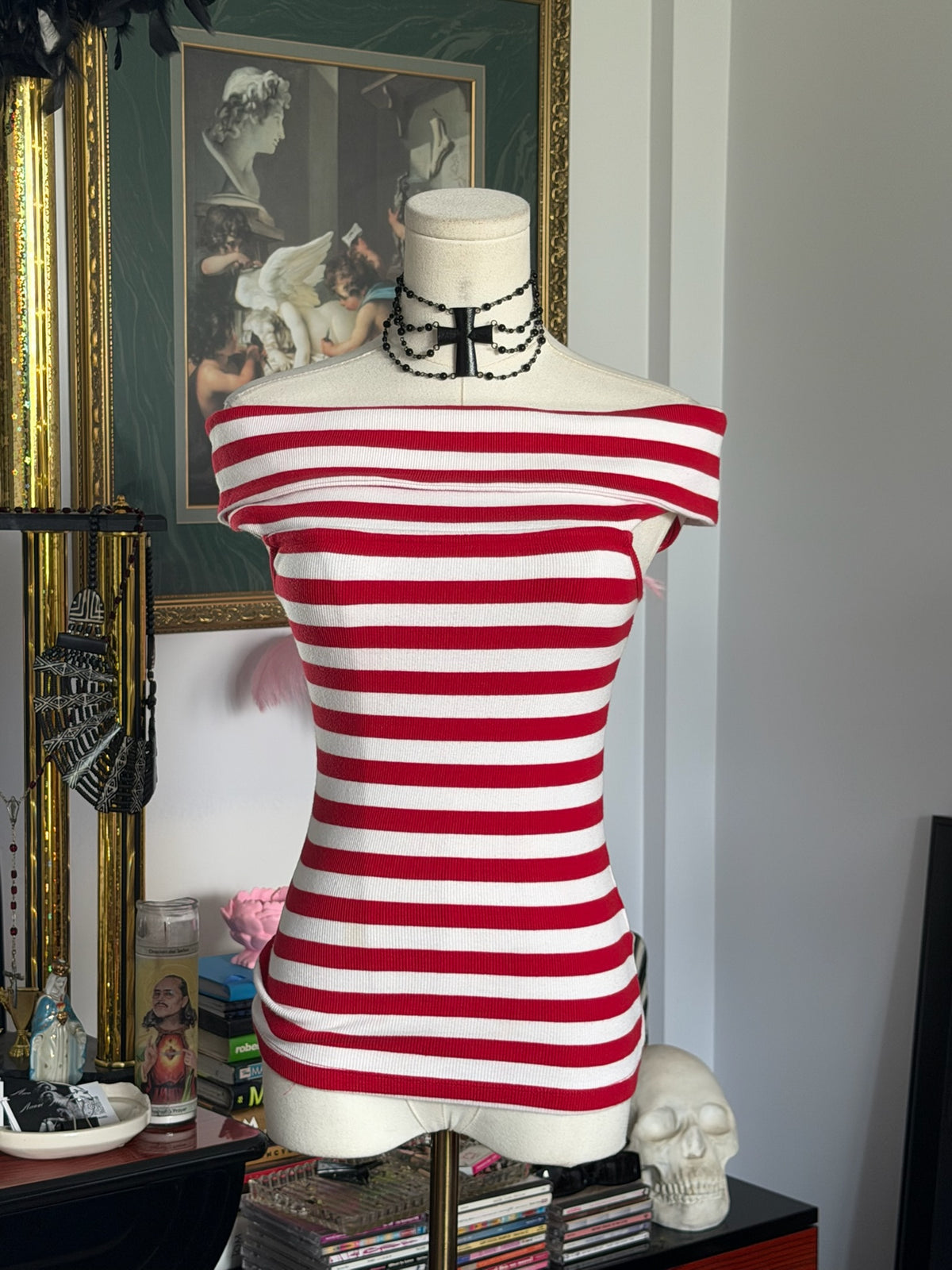 Banana Republic Red & White Off-the-Shoulder Knit Top | French Riviera Stripe | XS