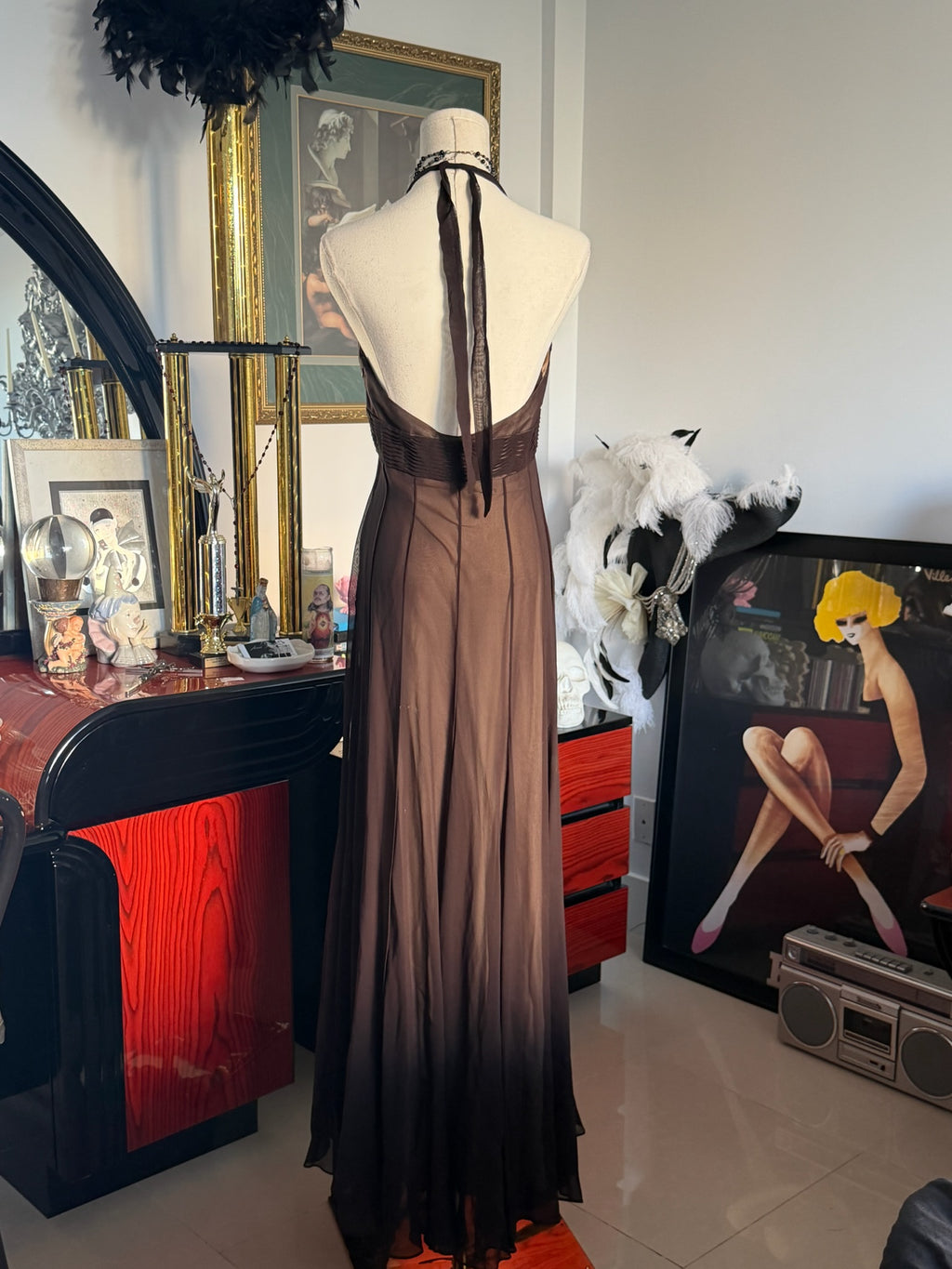 BCBGMAXAZRIA Chocolate Brown Sheer Halter Evening Gown – Y2K Empire Waist Maxi Dress