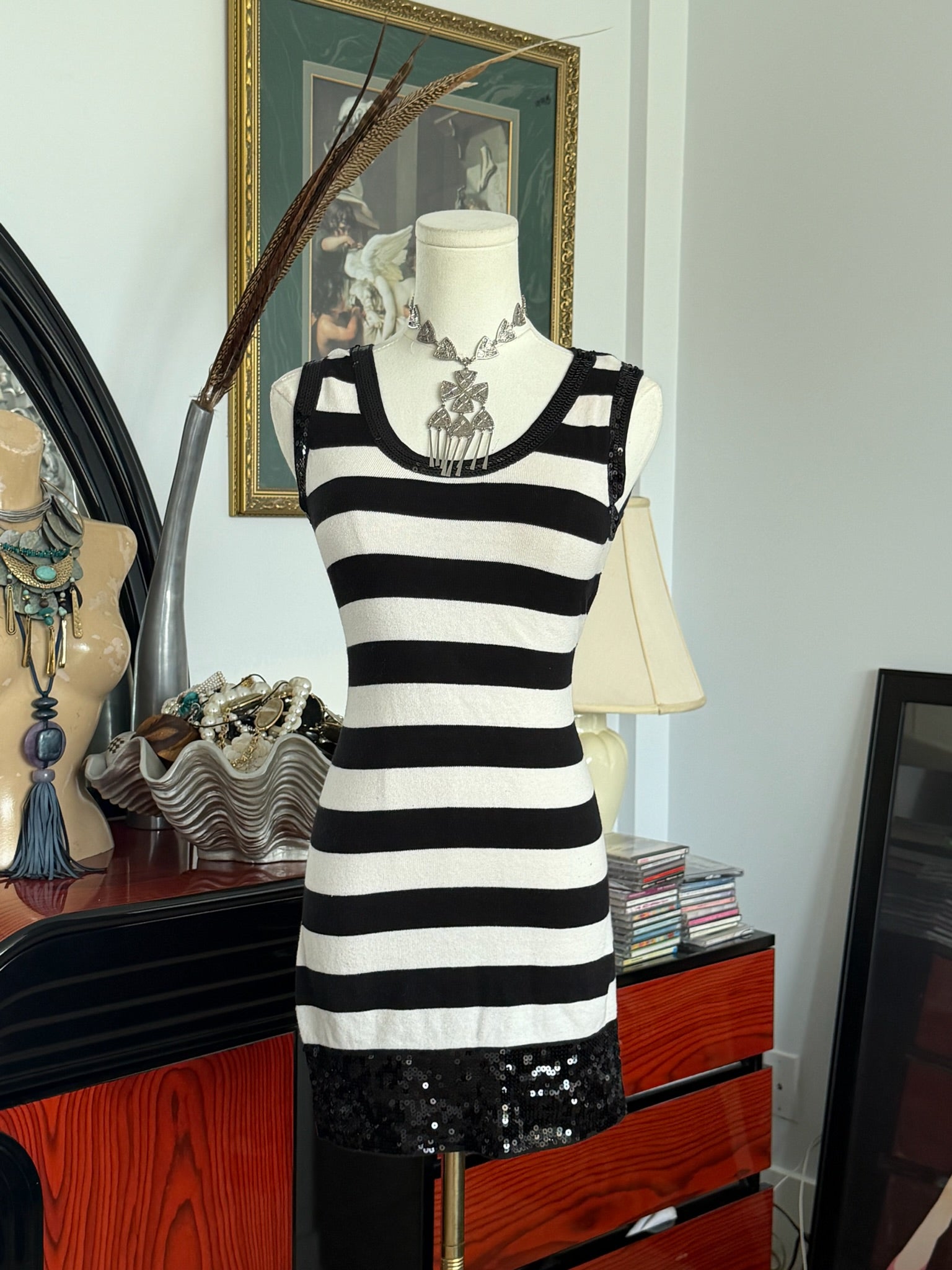 Black & Cream Striped Sequin Mini Dress