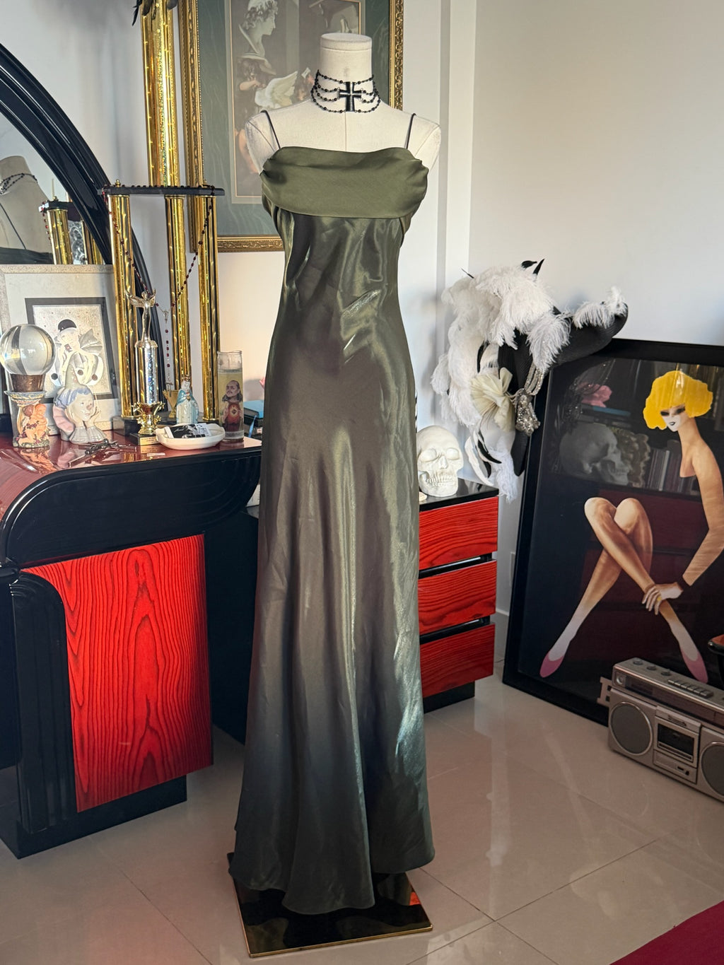 Betsy & Adam Olive Liquid Satin Bias-Cut Evening Gown | Size 4