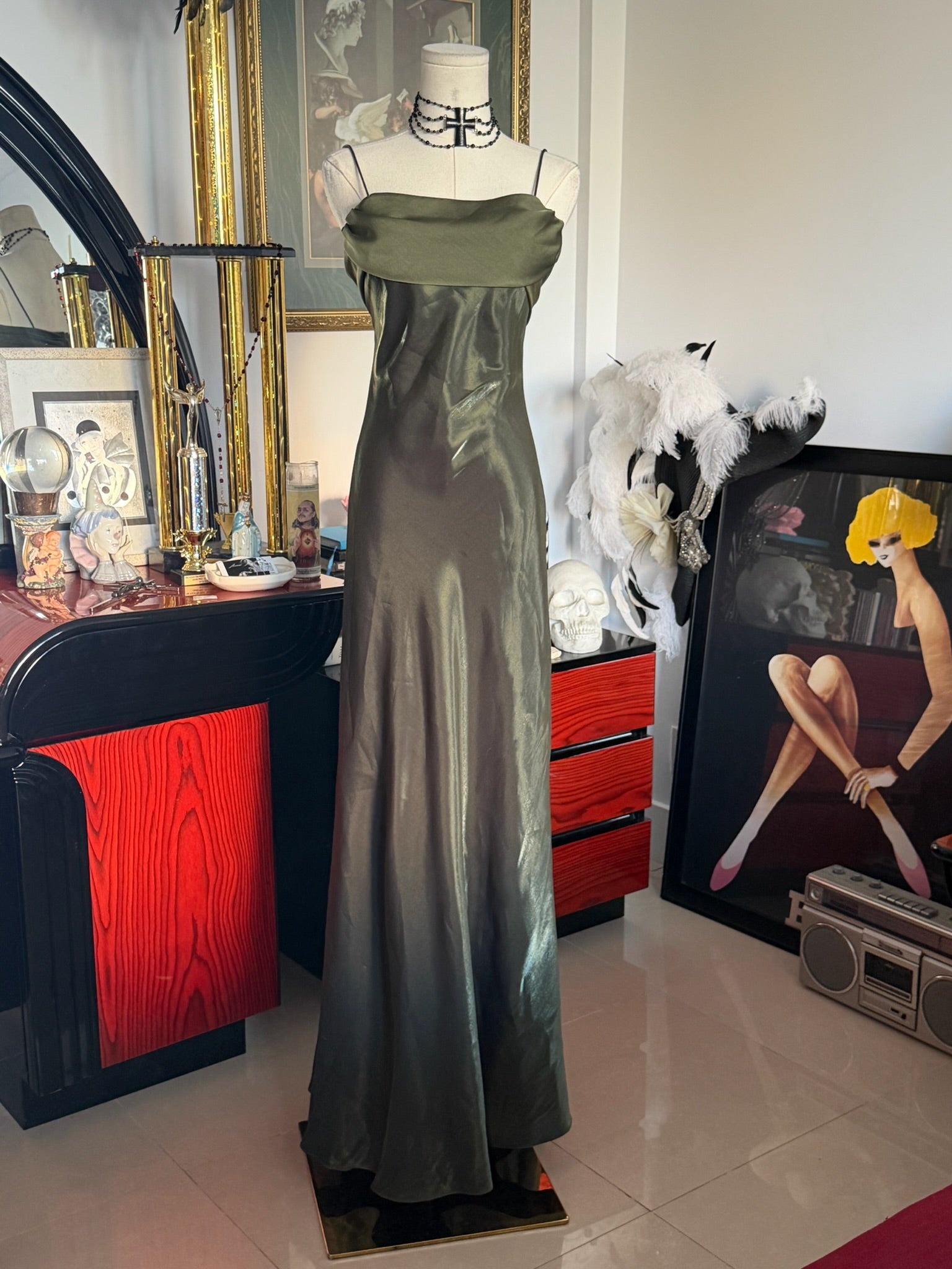 Betsy & Adam Olive Liquid Satin Bias-Cut Evening Gown | Size 4