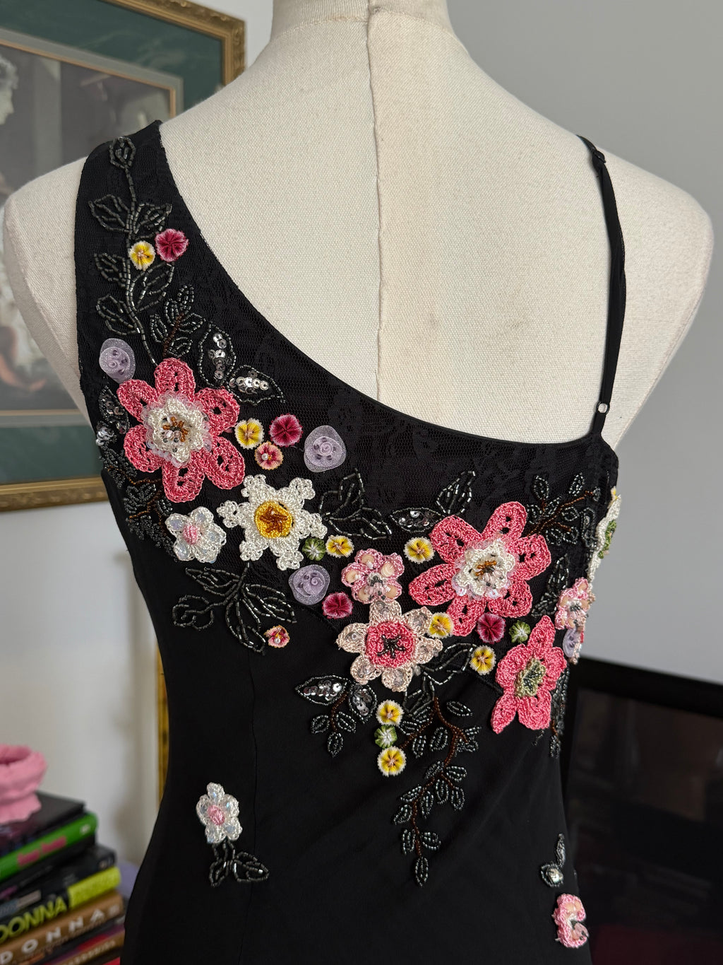 vintage Sue Wong, black silk floral, crochet, and beaded dress
