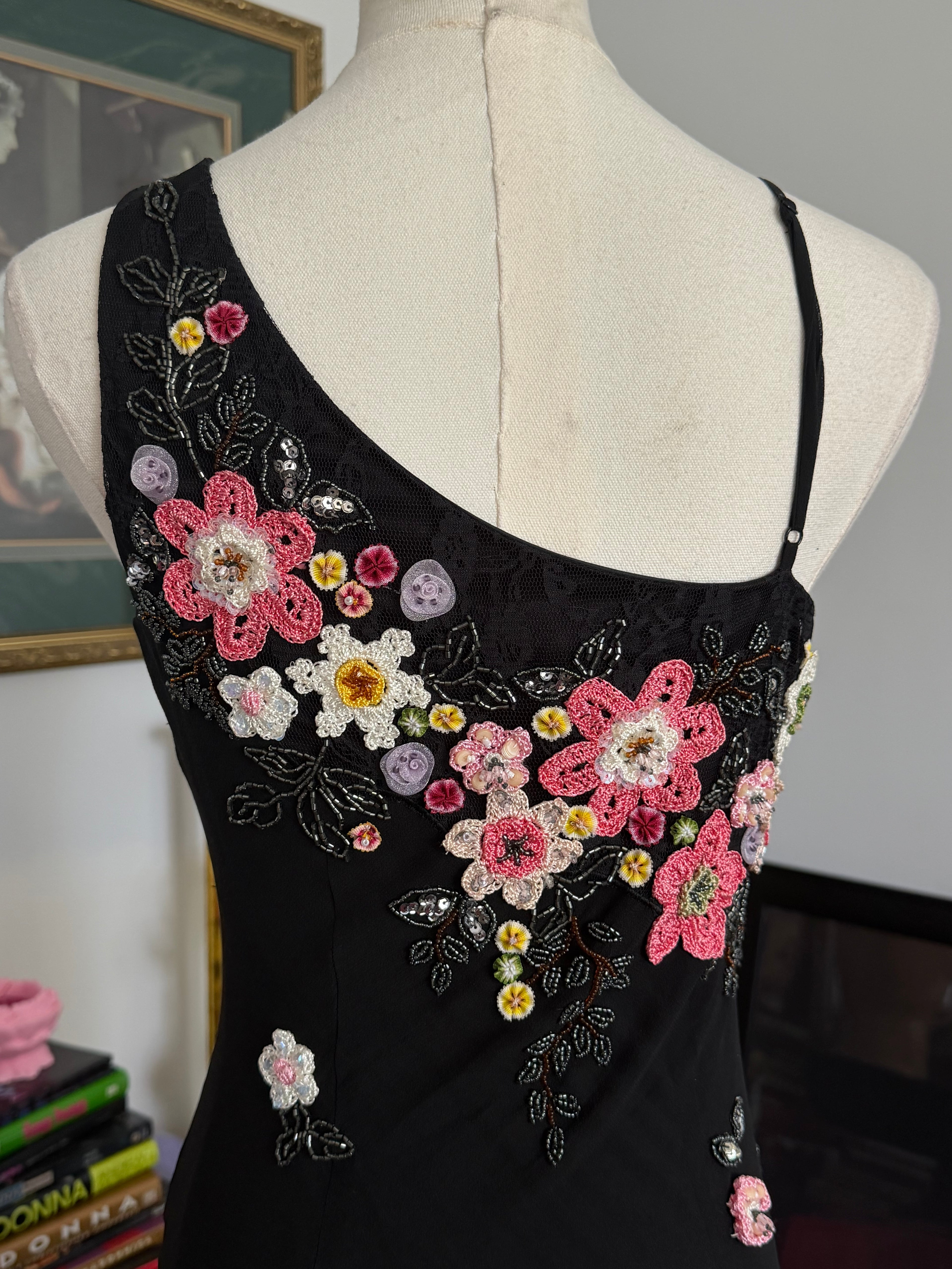vintage Sue Wong, black silk floral, crochet, and beaded dress