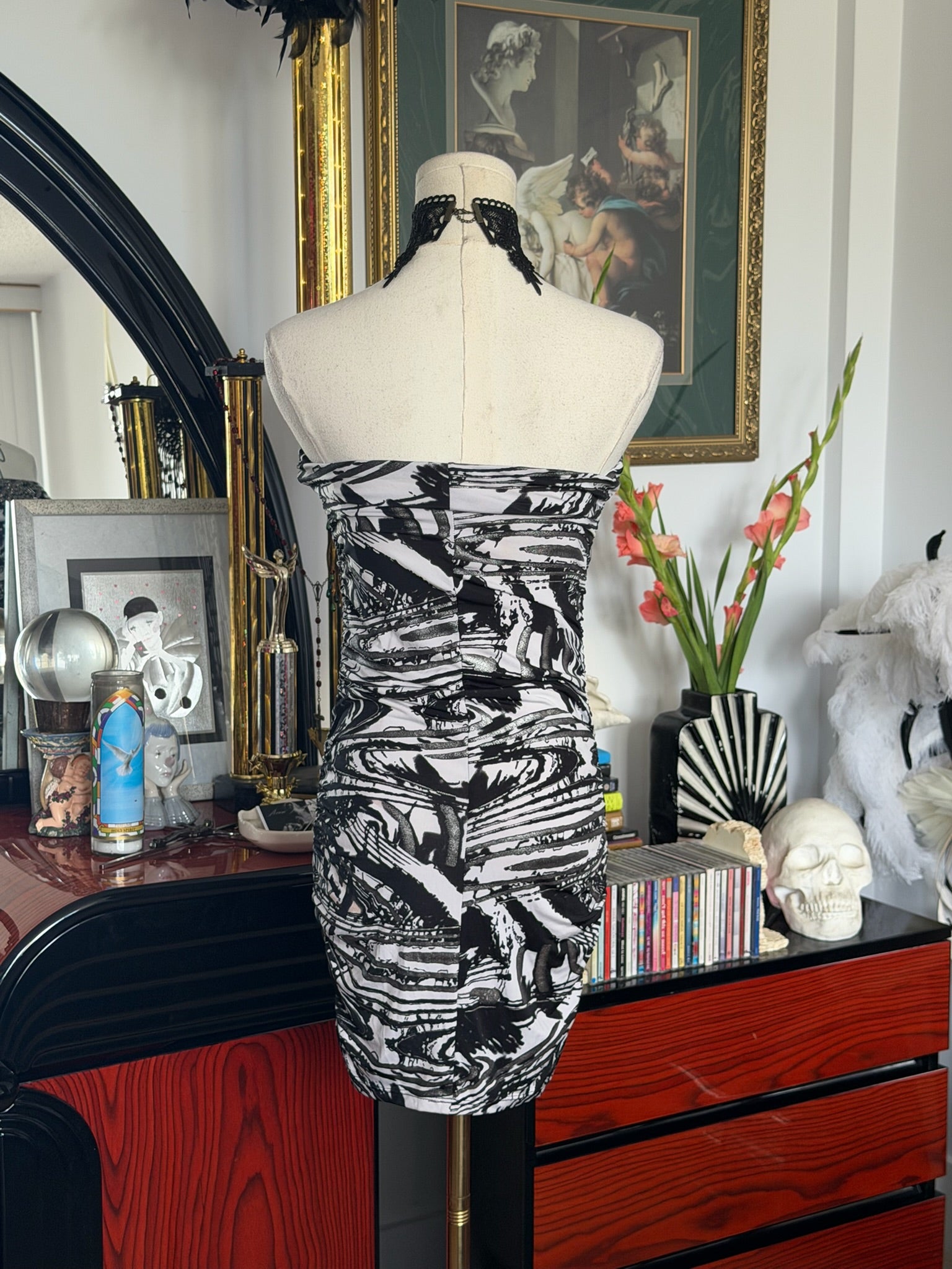 Abstract Strapless Ruched Mini Dress Xs-S