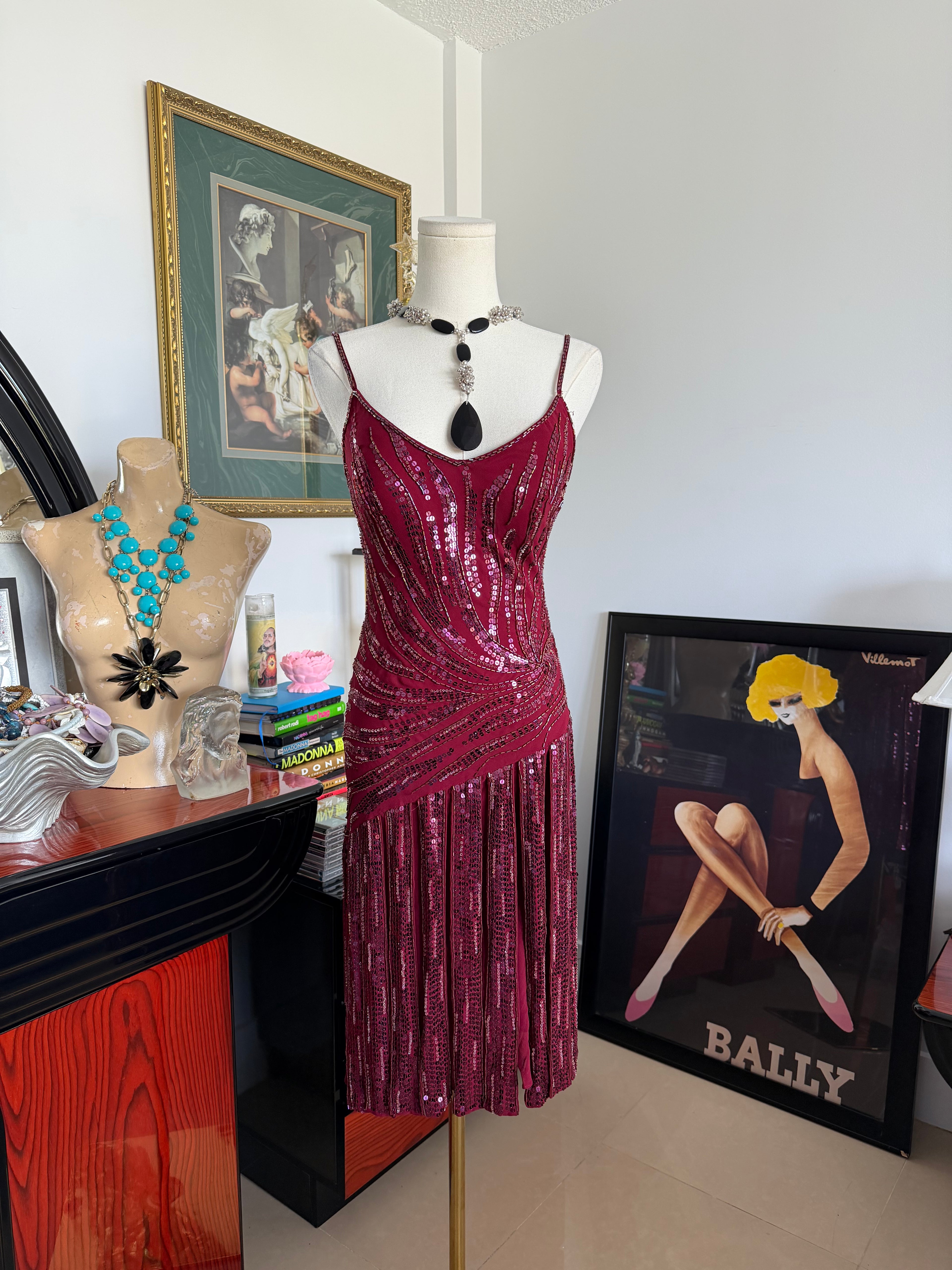 Vintage Sue Wong Burgundy Silk Beaded Cocktail Dress – Size 6