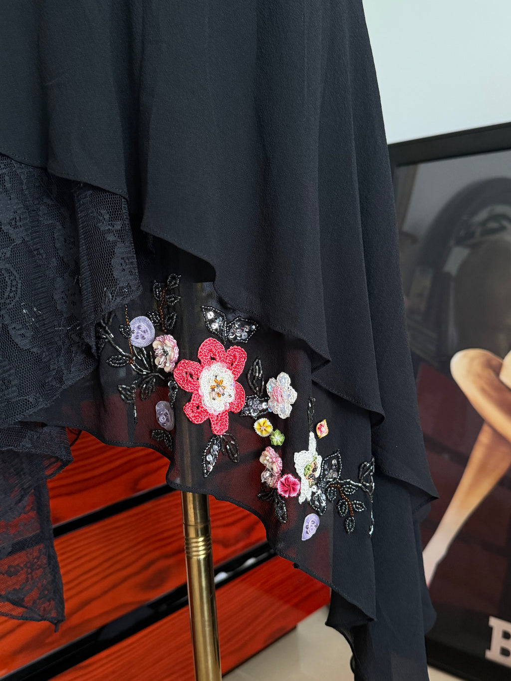 vintage Sue Wong, black silk floral, crochet, and beaded dress