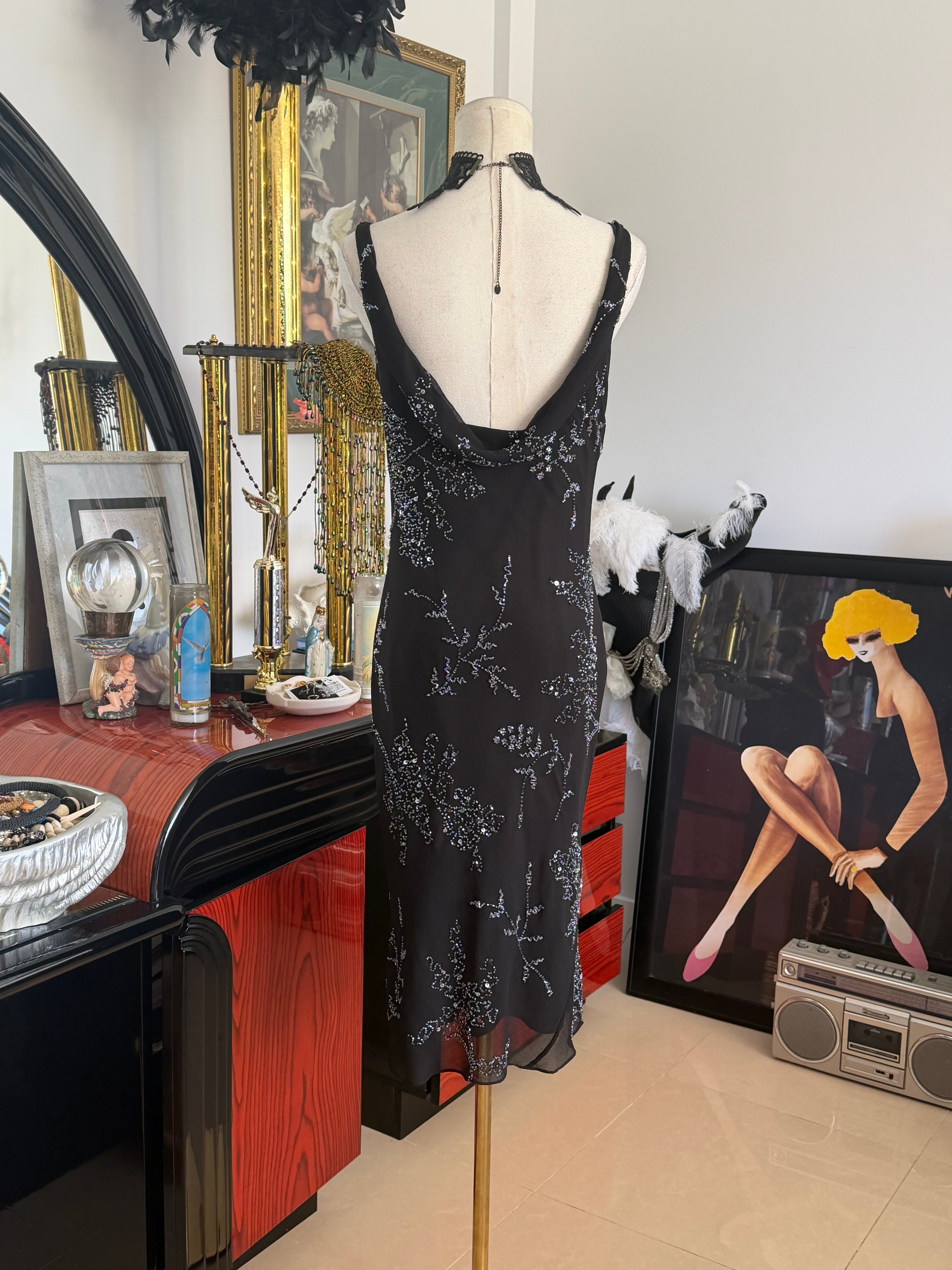 Vintage JKARA New York Black Beaded Evening Dress
