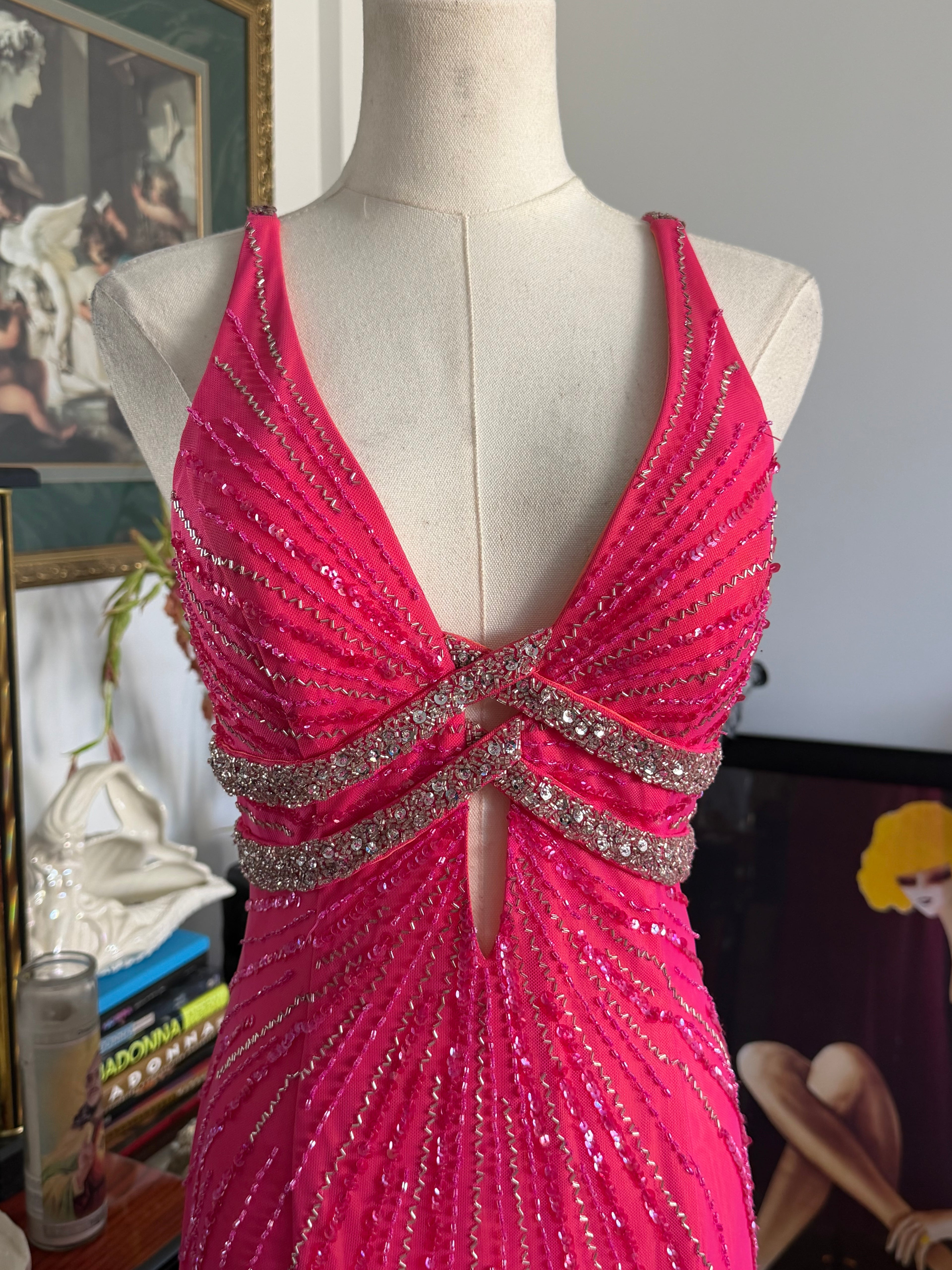 Cecily Brown Hot Pink Beaded Rhinestone Open Back Evening Gown