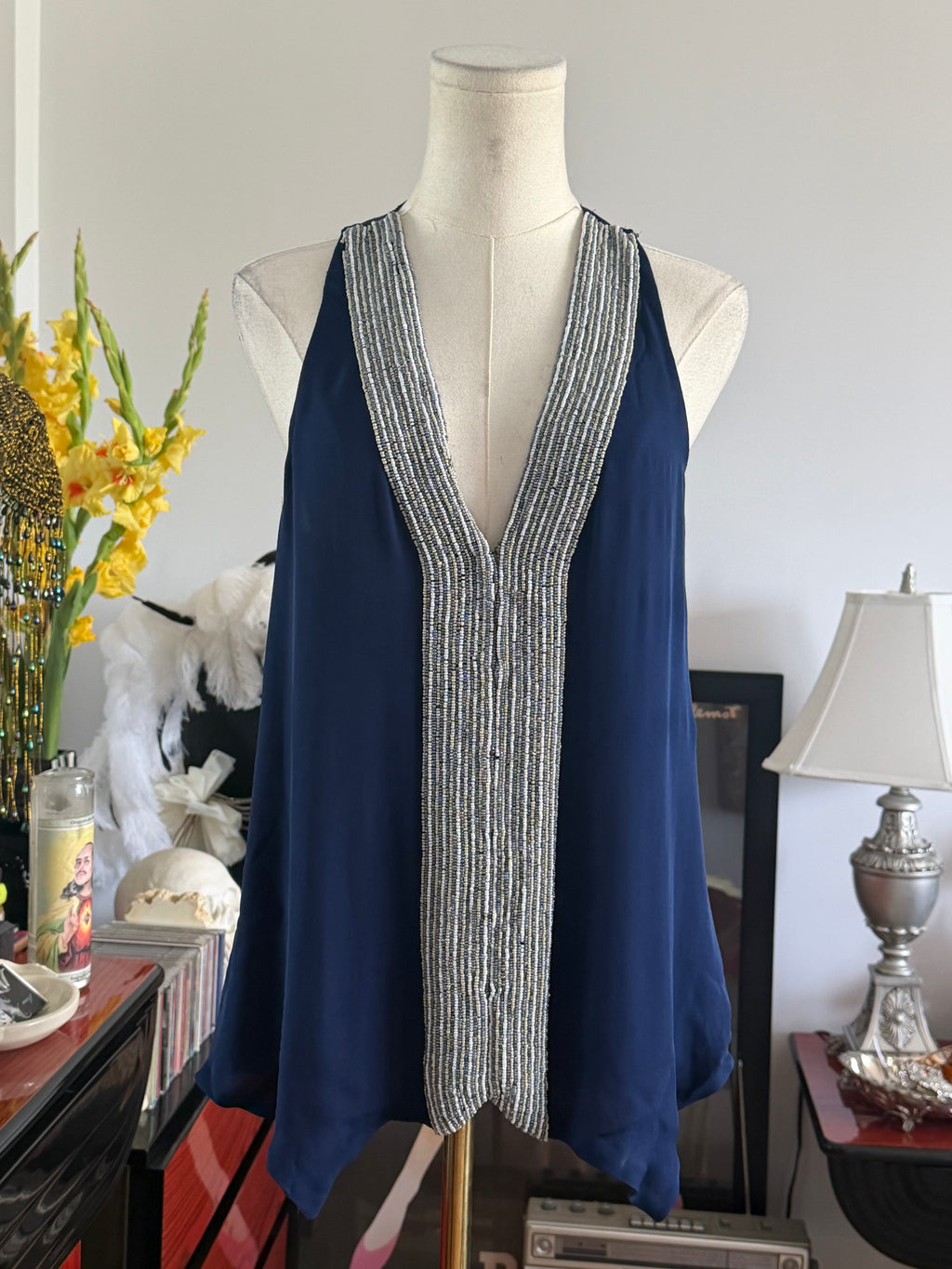 Parker Navy Beaded Silk-Feel Tank | Embellished Deep V Top | Size S