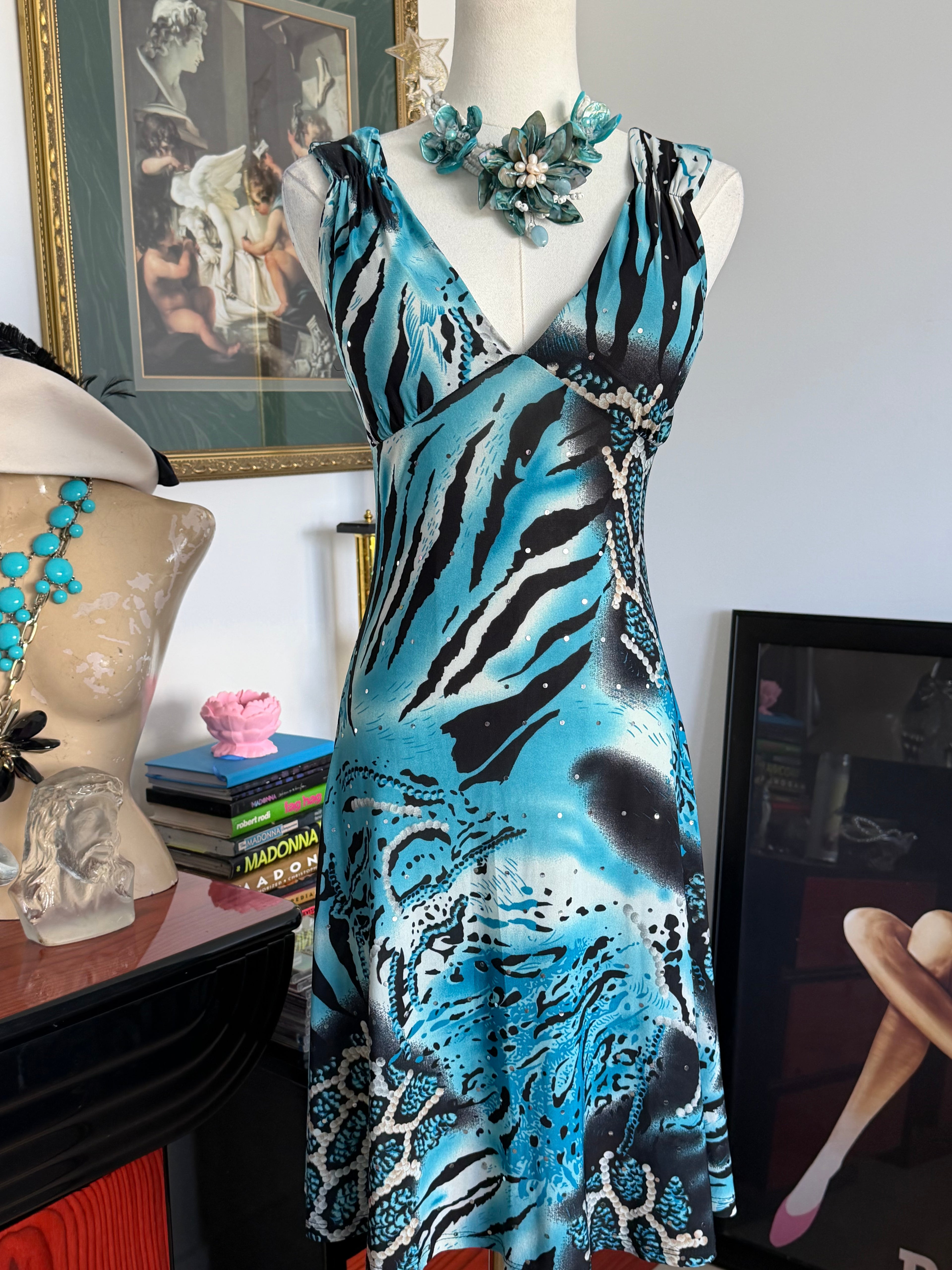 Y2K Turquoise Rhinestone Print Dress