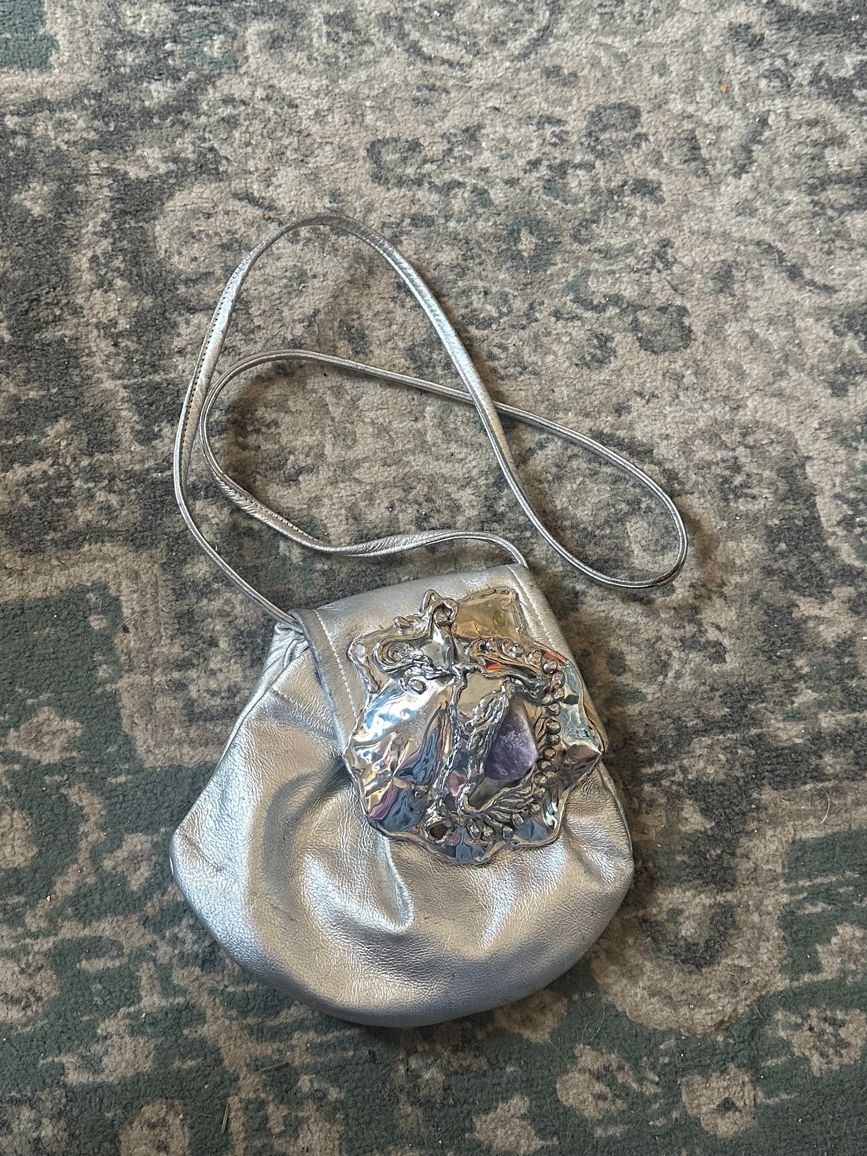 Vintage Metallic Silver Shoulder Bag with Sculptural Amethyst Accent