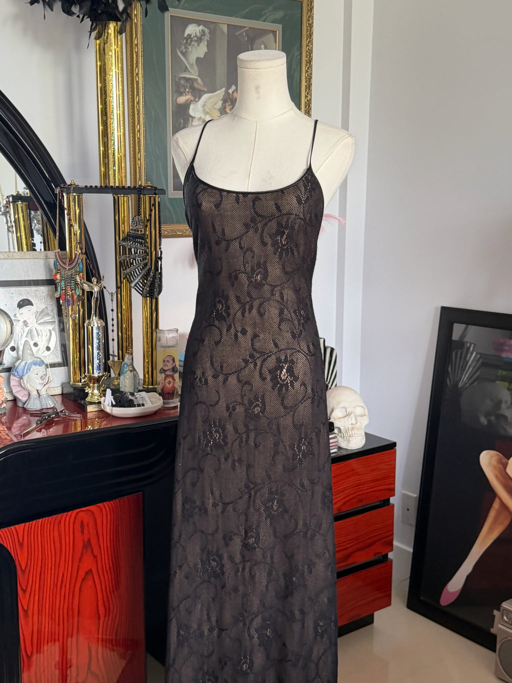 Vintage Sheer Black Lace Maxi Slip Dress | Open Crisscross Back | 90s Minimalist
