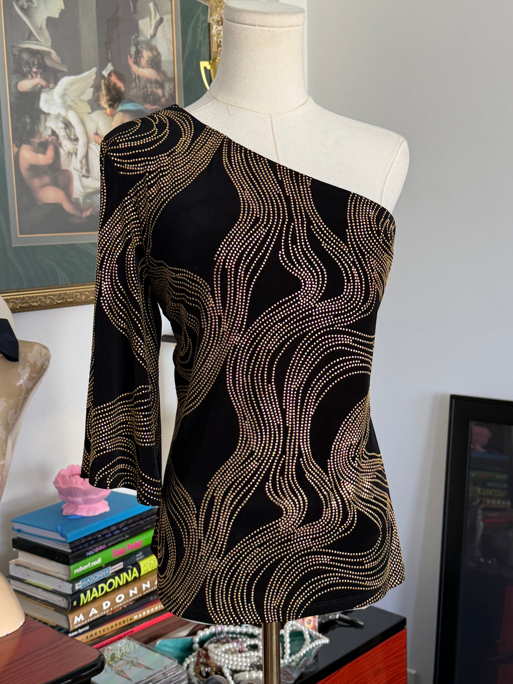 Cache Black & Gold Rhinestone One Shoulder Top