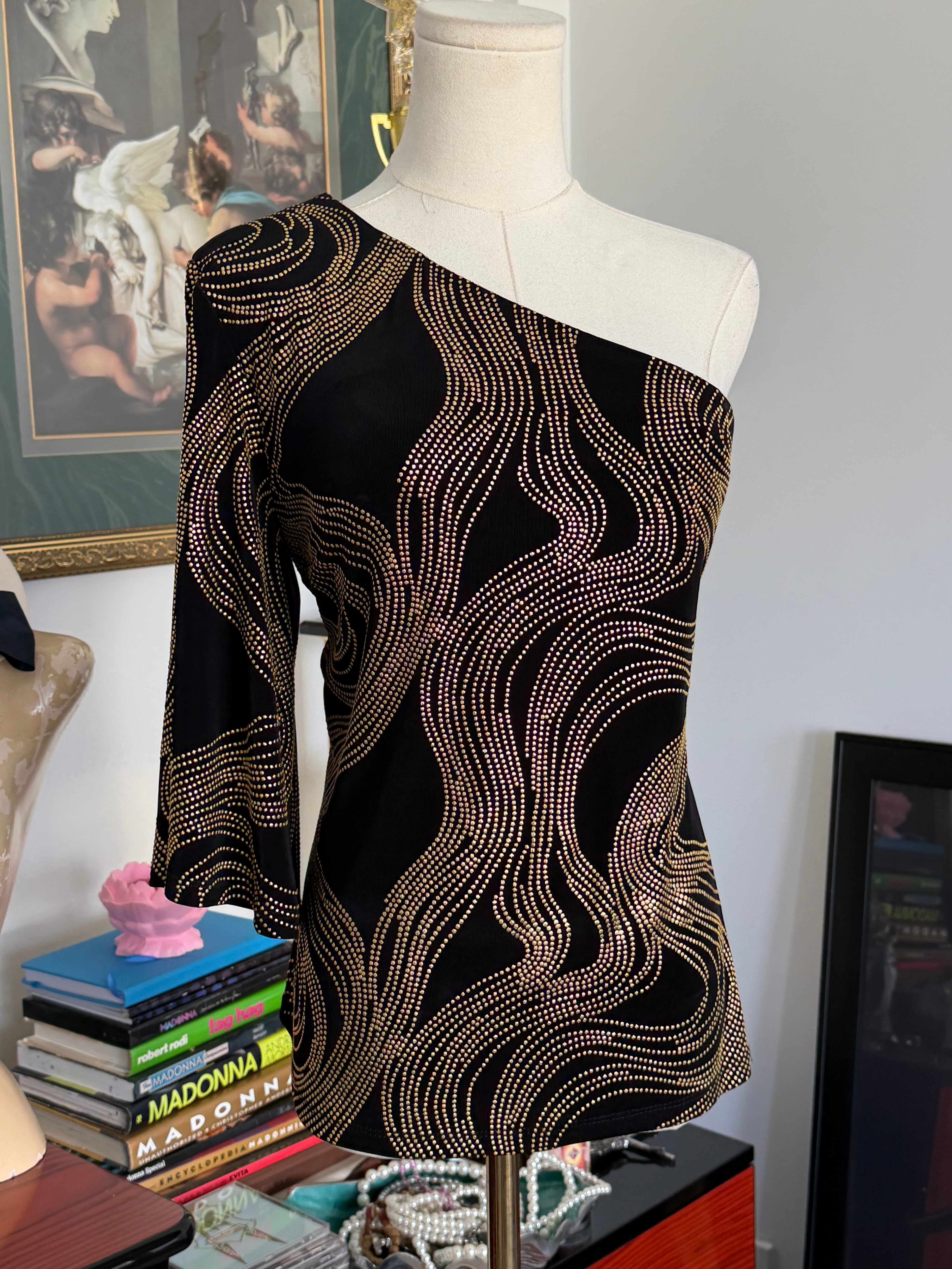Cache Black & Gold Rhinestone One Shoulder Top