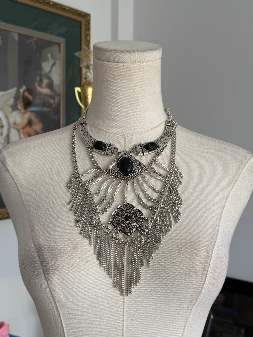 Vintage Silver Fringe & Black Stone Statement Necklace