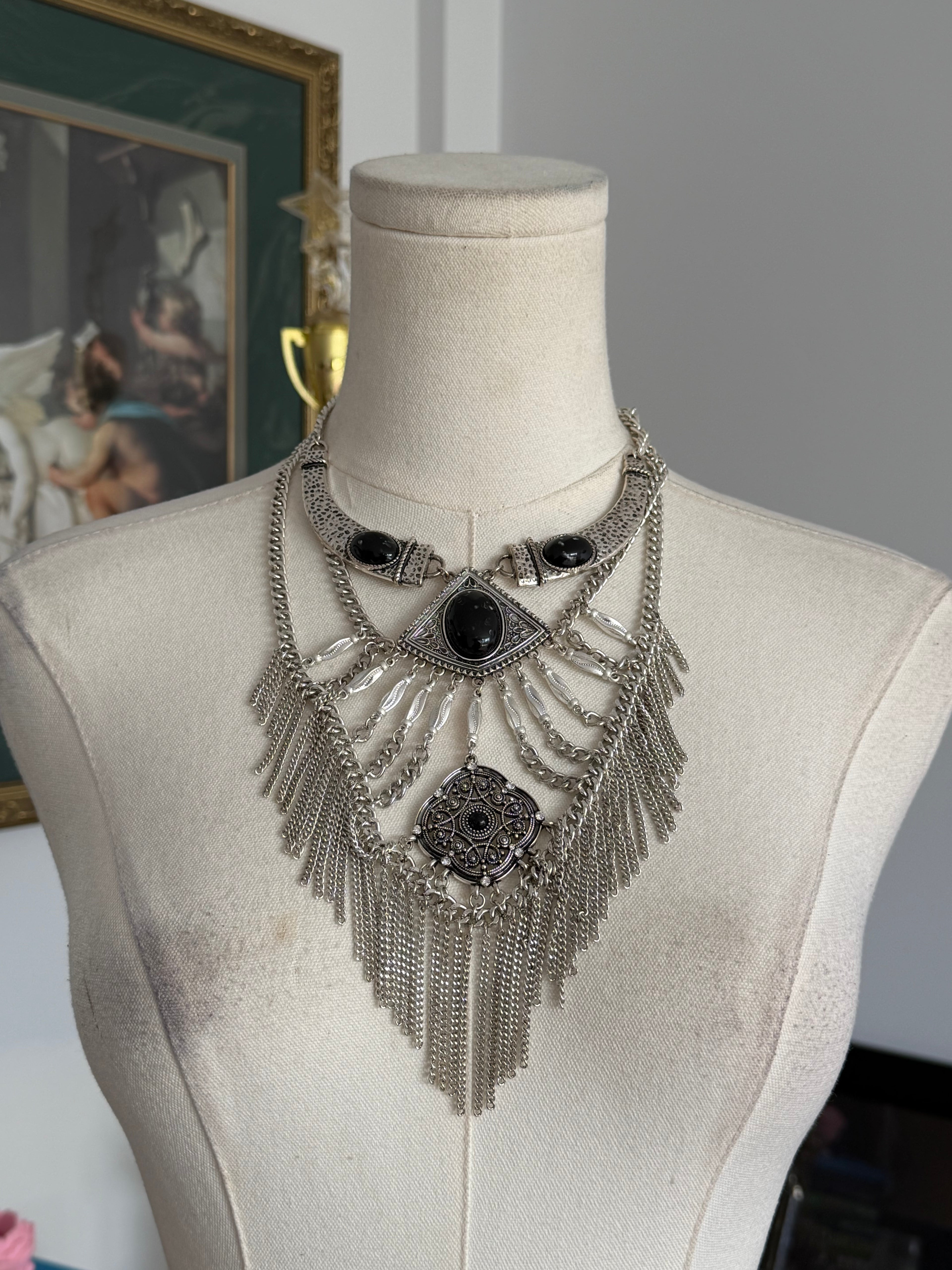 Vintage Silver Fringe & Black Stone Statement Necklace