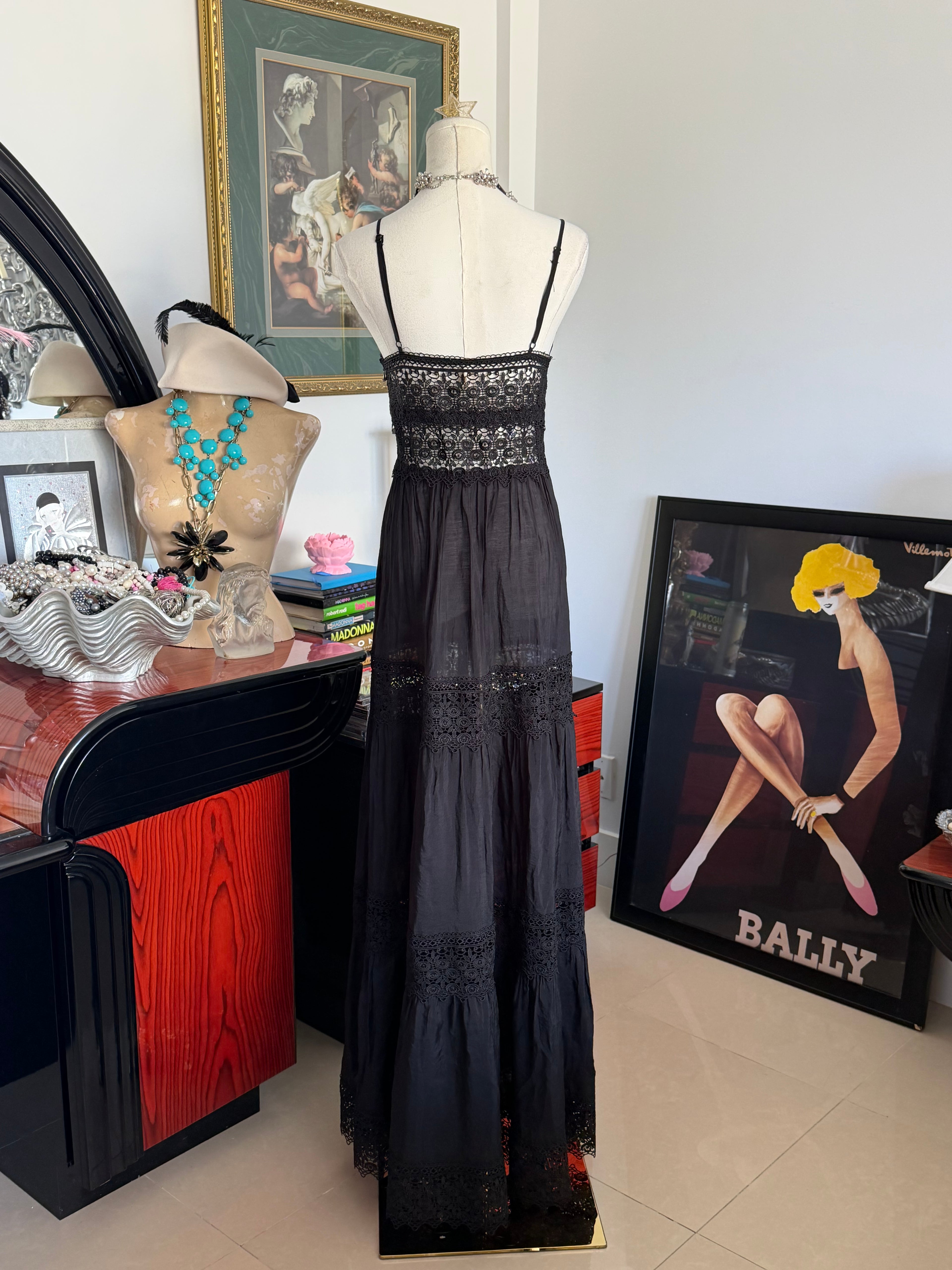 Vintage Black Crochet Lace Maxi Dress-xs