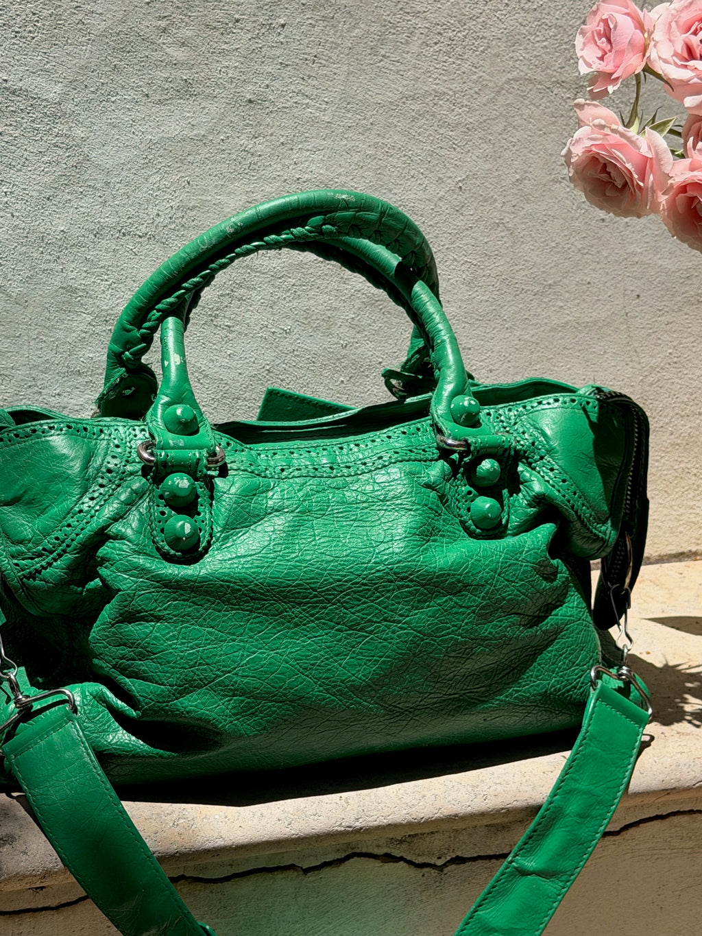 Balenciaga City Brogue Bag – Emerald Green Perforated Motorcycle Leather (2010s)