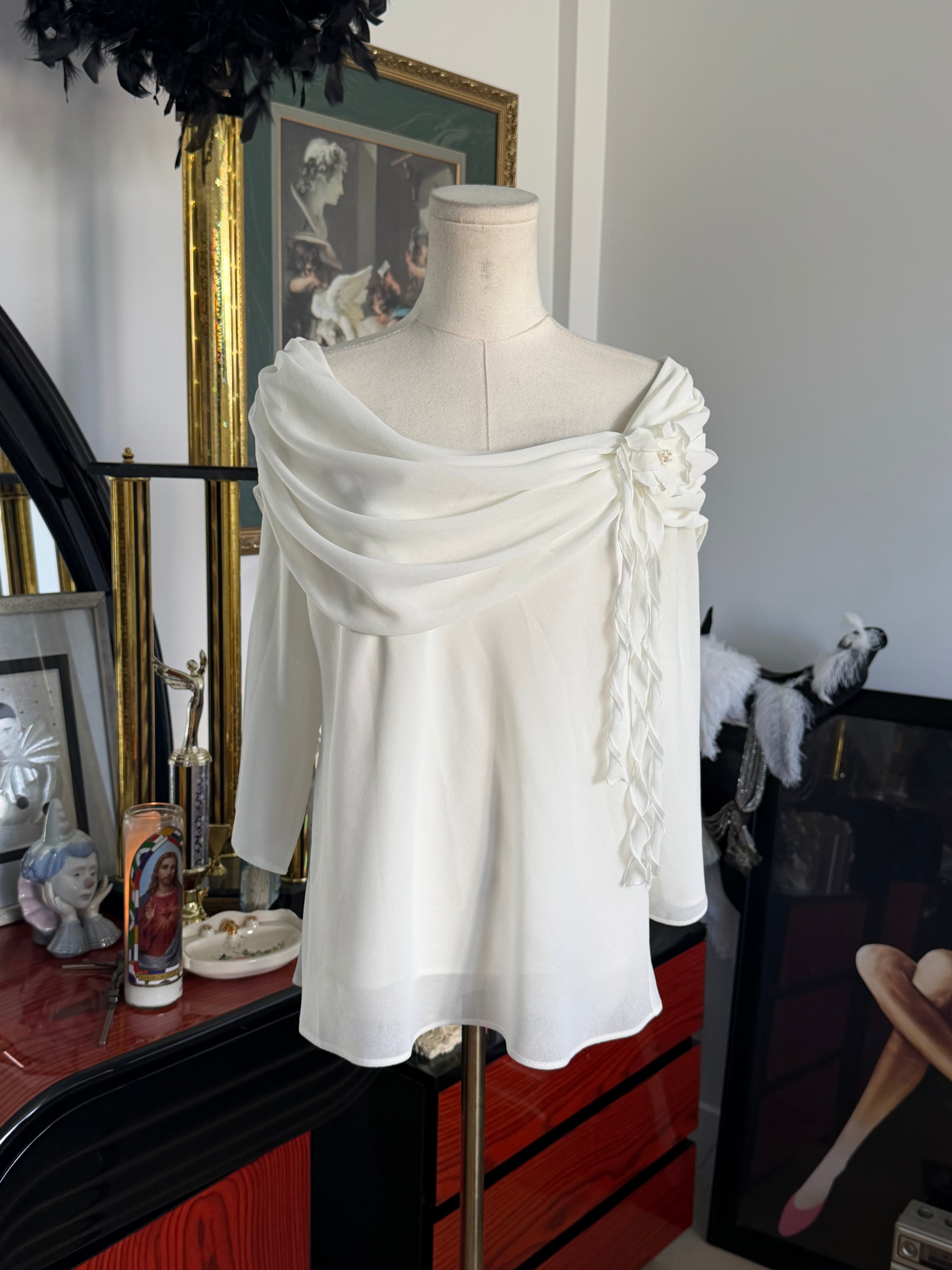Vintage MSK Ivory Draped Off-Shoulder Floral Blouse