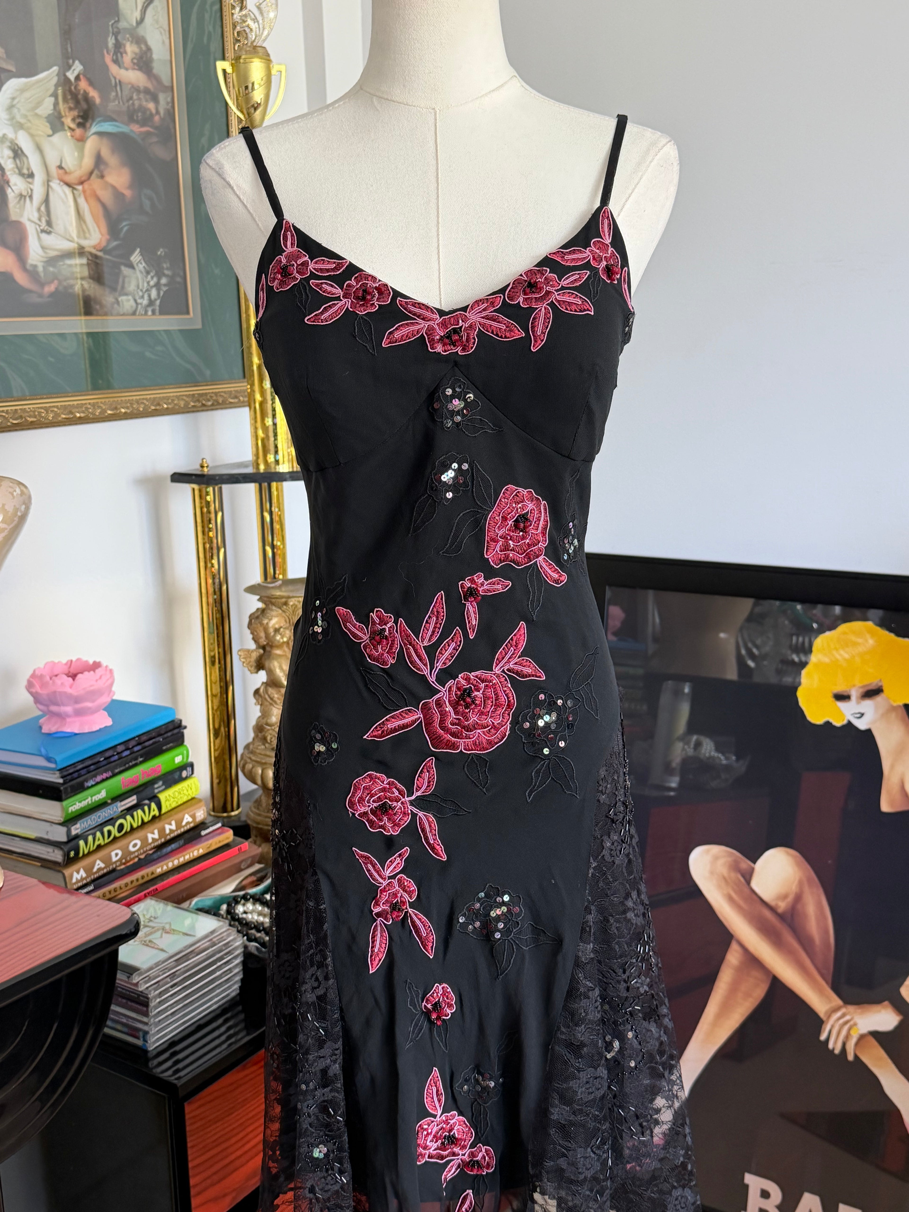 Vintage Sue Wong  Black Silk Rose Embroidered Handkerchief Dress-6