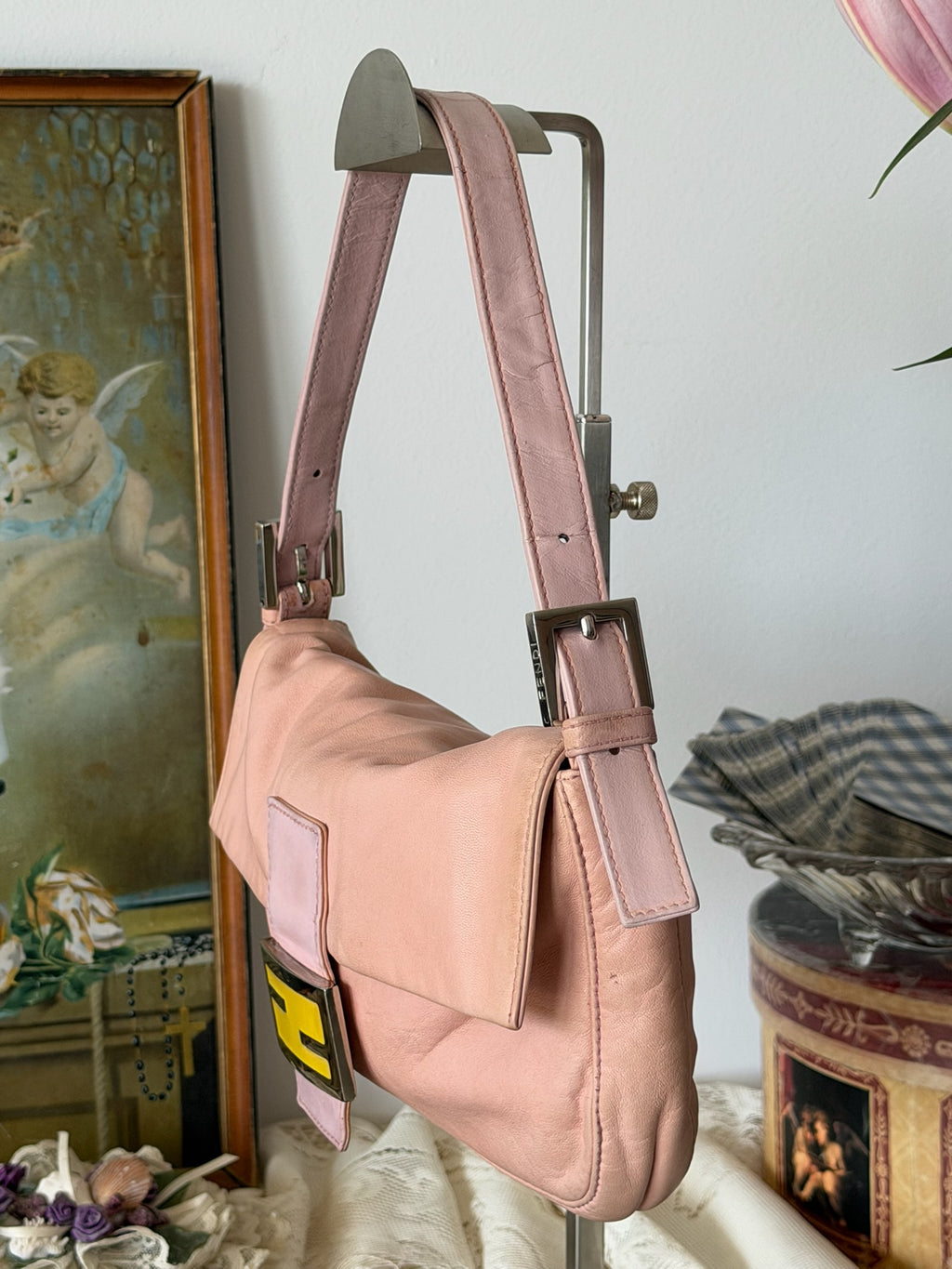Fendi Blush Pink Nappa Leather Baguette Bag with Yellow FF Clasp (2003-2005)