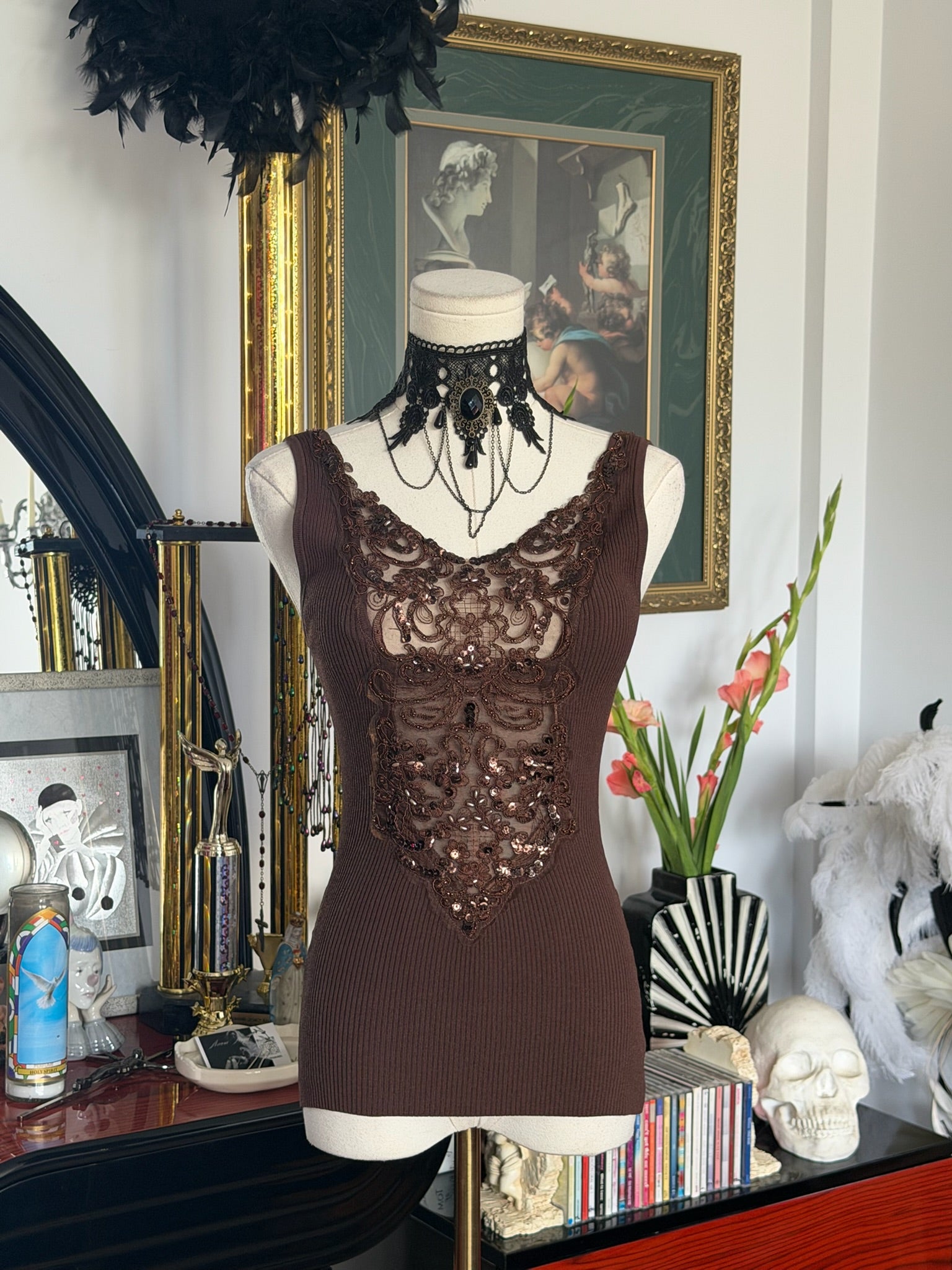 Caché Beaded Lace Illusion Ribbed Knit Tank – Chocolate Brown